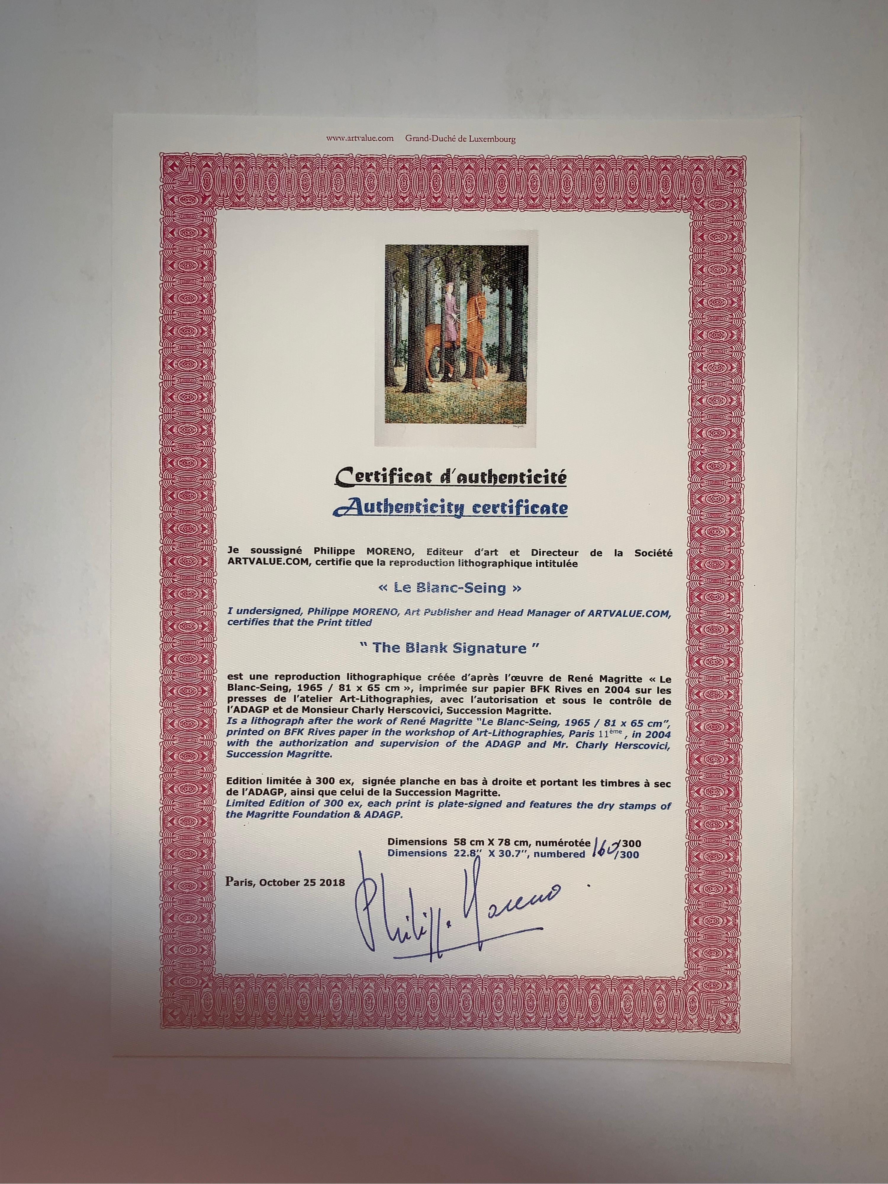 Color lithograph after the 1965 oil on canvas by René Magritte, printed signature of Magritte and numbered from the edition of 300. 
The lithograph features the dry stamps of the Magritte Foundation & ADAGP and is countersigned in pencil by  Mr.
