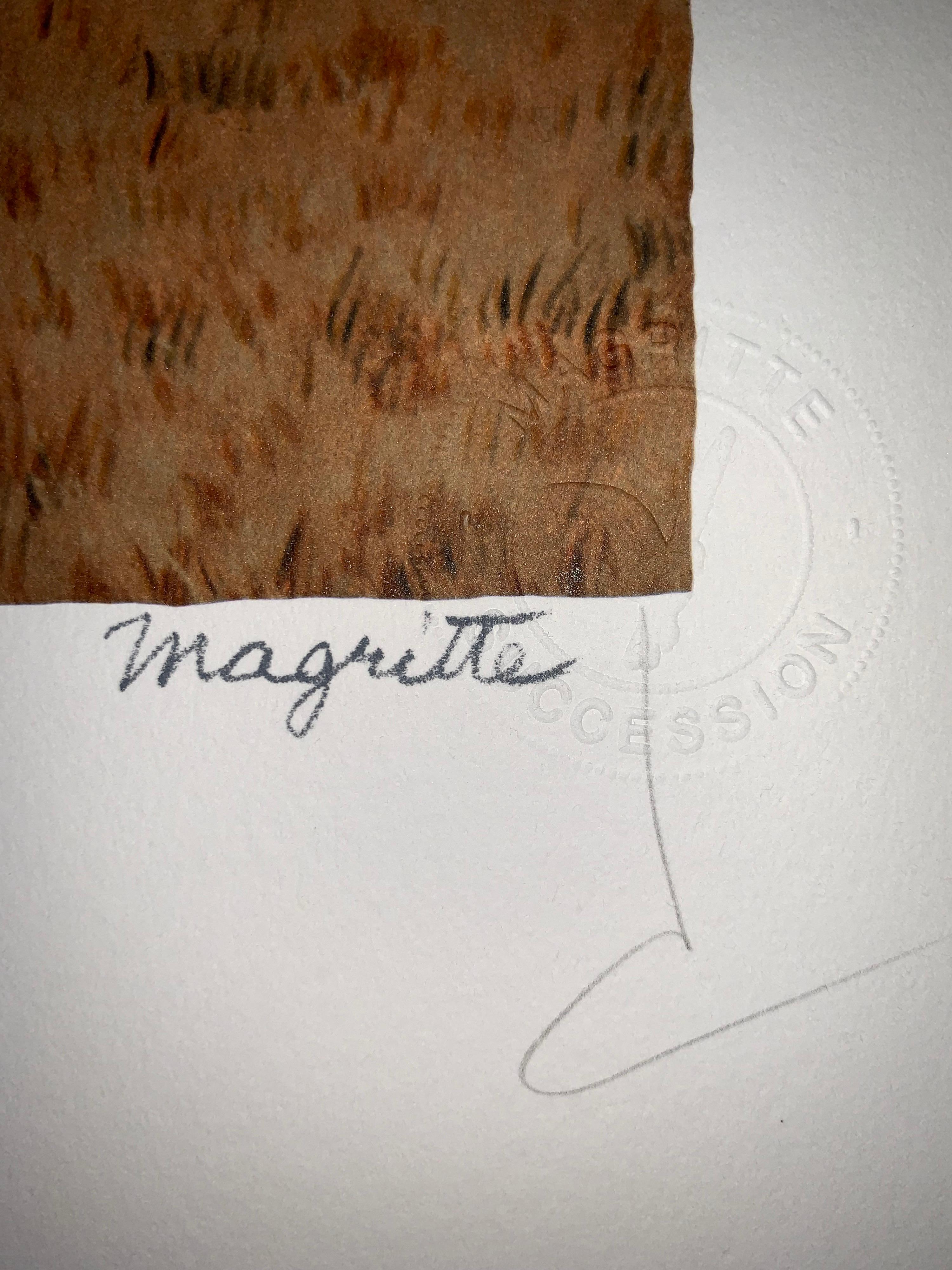 Color lithograph after the 1964 oil on canvas by René Magritte, printed signature of Magritte and numbered from the edition of 275. 
The lithograph features the dry stamps of the Magritte Foundation & ADAGP and is countersigned in pencil by Mr.