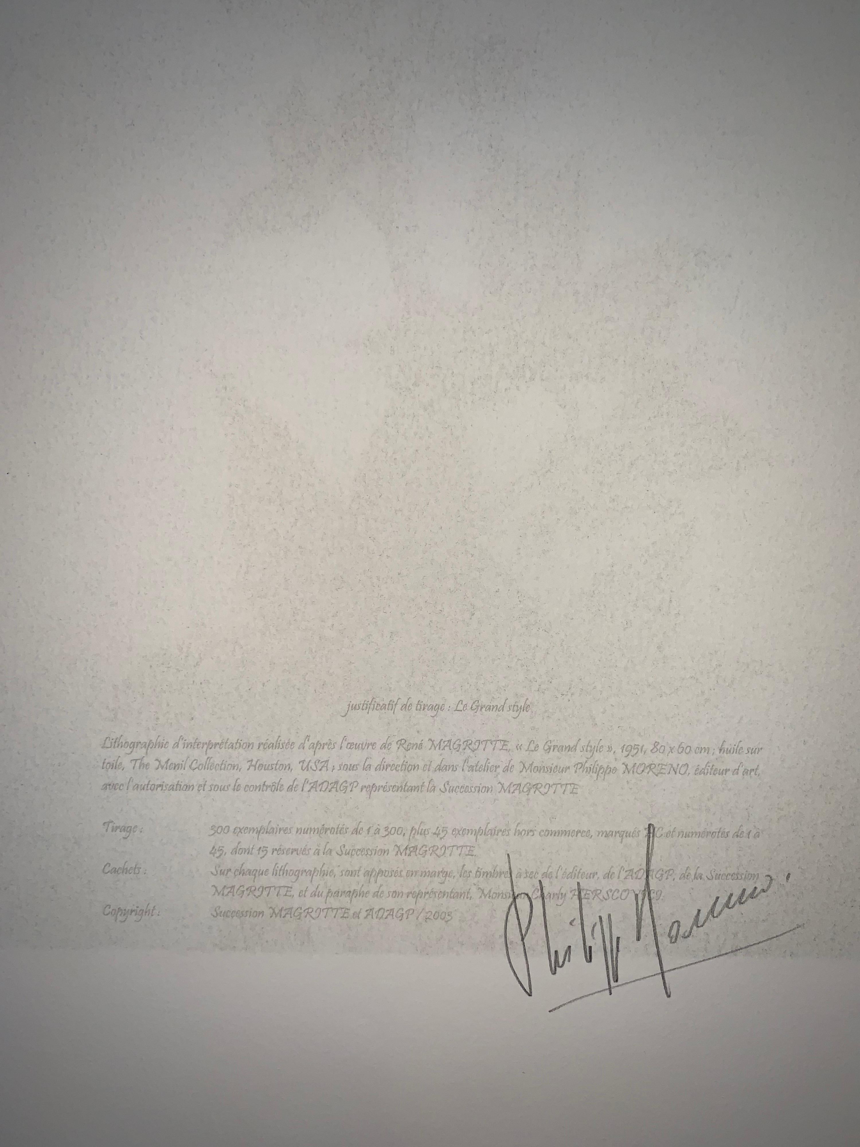 Lithographie en couleur d'après l'huile sur toile de 1951 de René Magritte, signature imprimée de Magritte et numérotée de l'édition de 300. 
La lithographie porte les cachets secs de la Fondation Magritte et de l'ADAGP et est contresignée au crayon