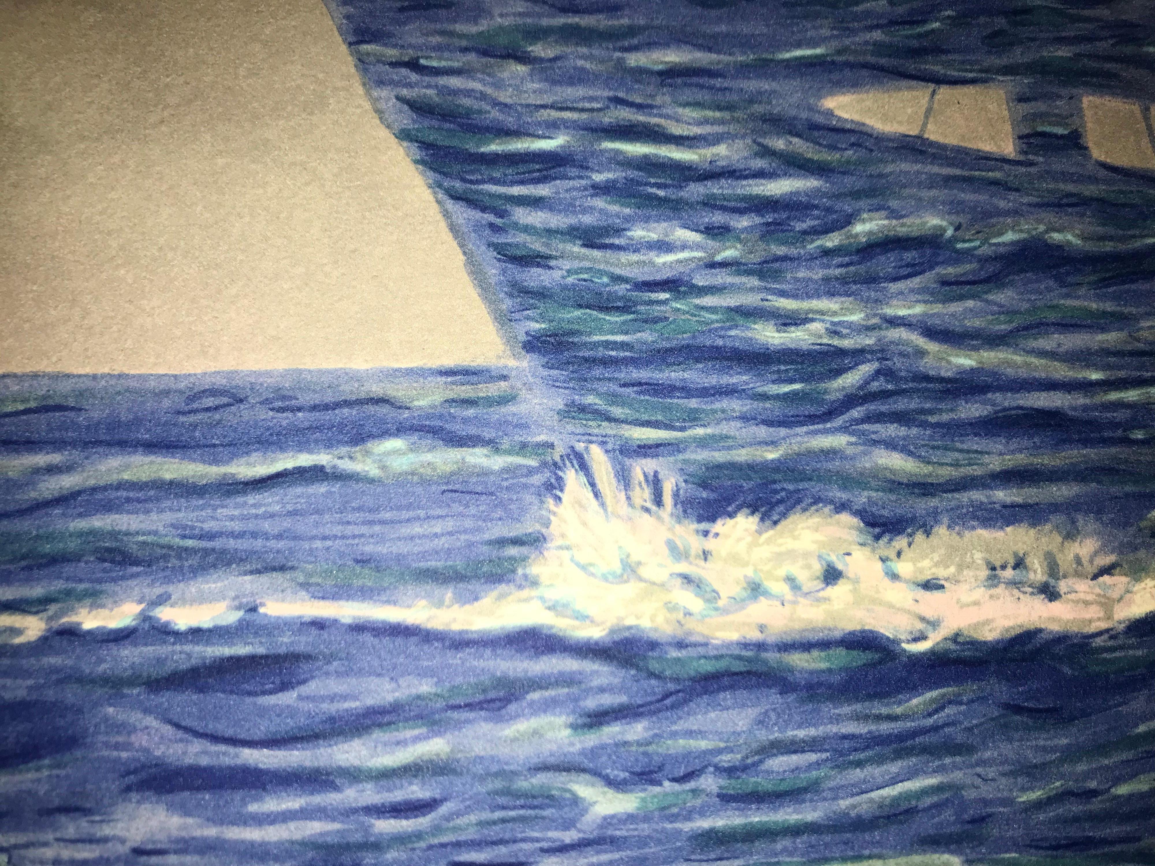 Lithographie en couleur d'après l'huile sur toile de 1951 de René Magritte, signature imprimée de Magritte et numérotée de l'édition de 300. 
La lithographie porte les timbres secs de la Fondation Magritte et de l'ADAGP et est contresignée au crayon