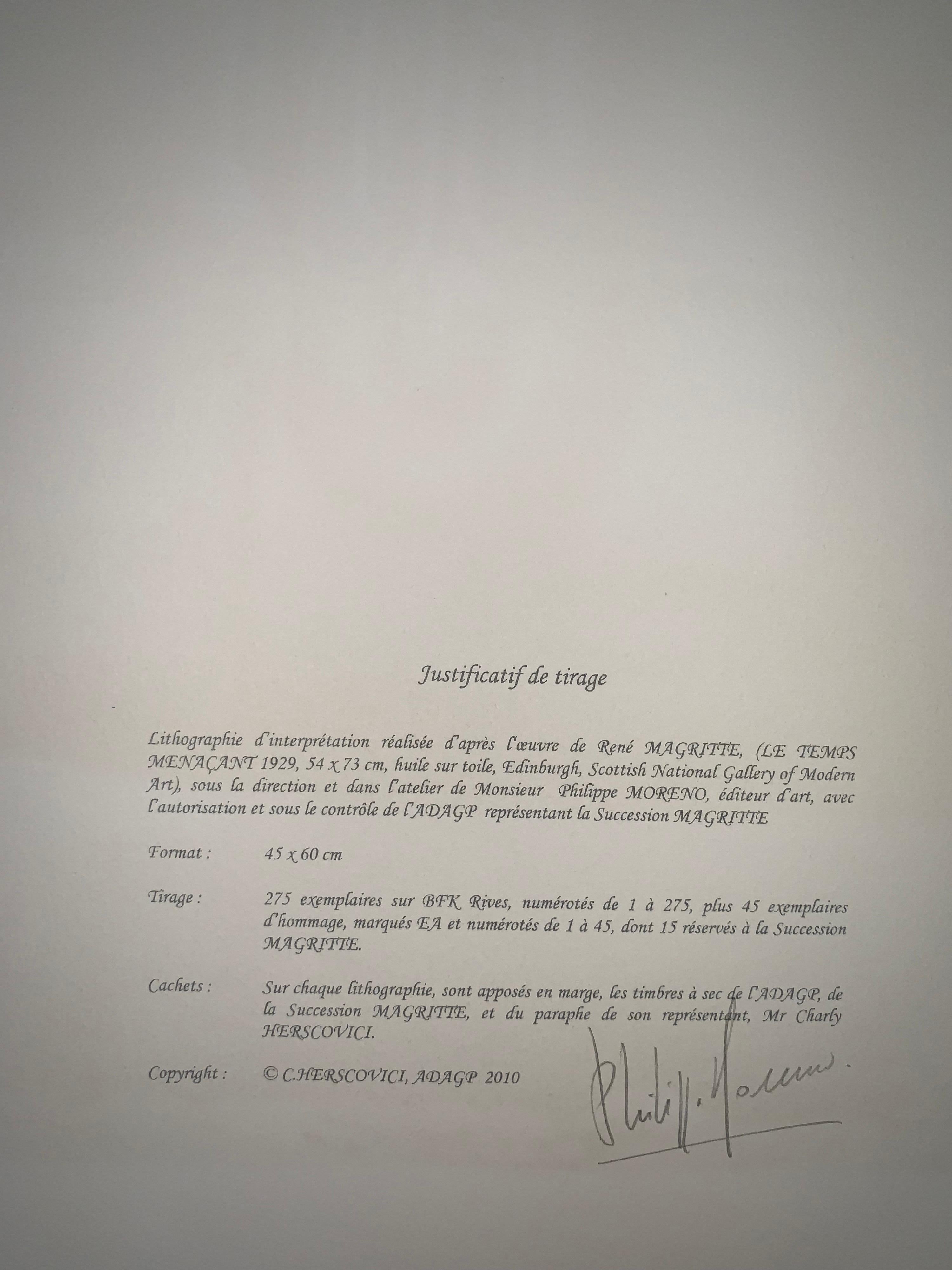 Numerato: 138/275
Litografia a colori dopo l'olio su tela del 1929 di René Magritte, con firma stampata di Magritte e edizione numerata di 275 esemplari. 
La litografia reca i timbri a secco della Fondazione Magritte e dell'ADAGP ed è controfirmata