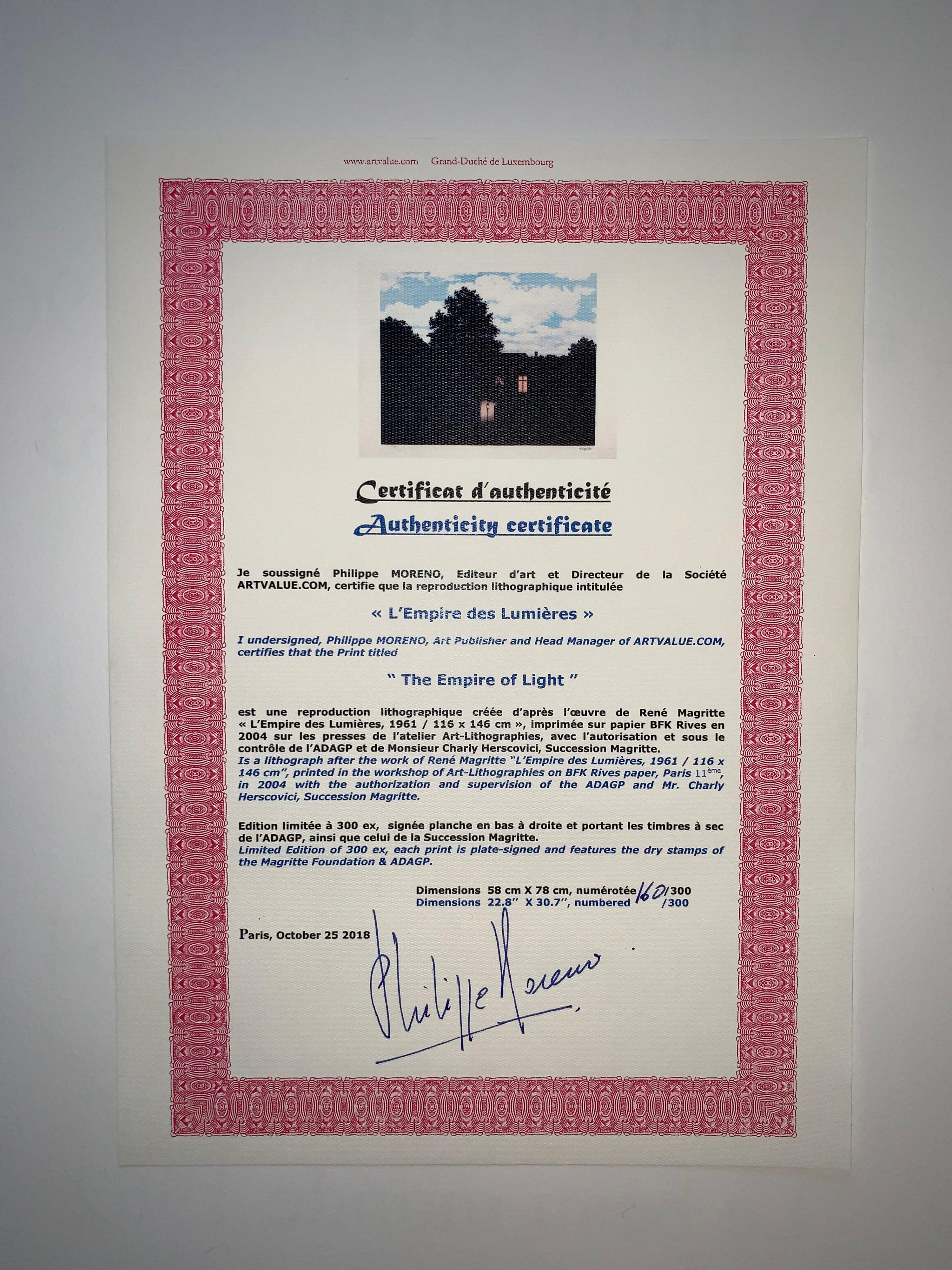 Color lithograph after the 1961 oil on canvas by René Magritte, printed signature of Magritte and numbered from the edition of 300. 
The lithograph features the dry stamps of the Magritte Foundation & ADAGP and is countersigned in pencil by Mr.