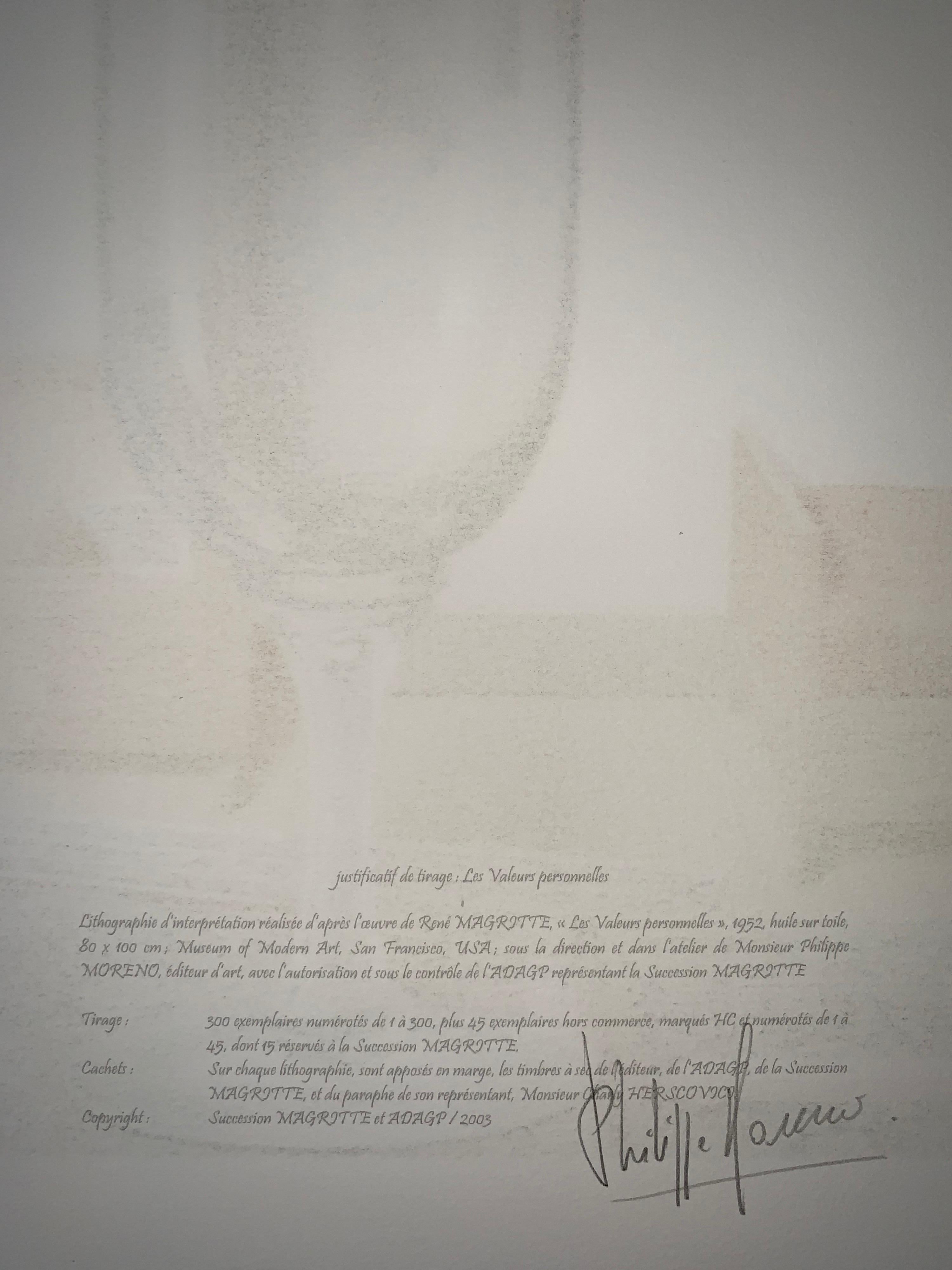 Lithographie en couleur d'après l'huile sur toile de Ren Magritte de 1952:: signature imprimée de Magritte et numérotée de l'édition de 300 exemplaires. 
La lithographie porte les cachets secs de la Fondation Magritte et de l'ADAGP et est