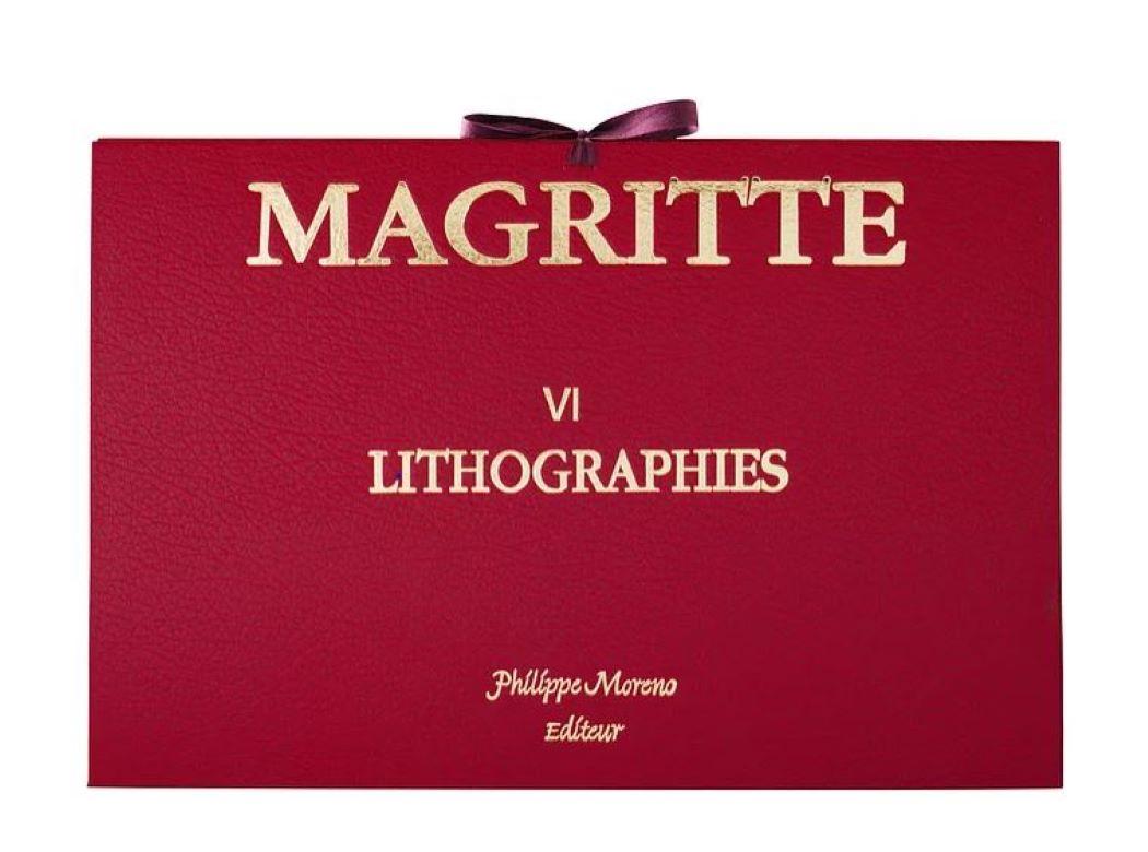 Complete set of 16 color lithographs in a beautiful burgundy board with ties, plate-signed by Magritte and numbered from the edition of 300. 
  
The lithograph features the dry stamps of the Magritte Foundation & ADAGP and is countersigned in pencil