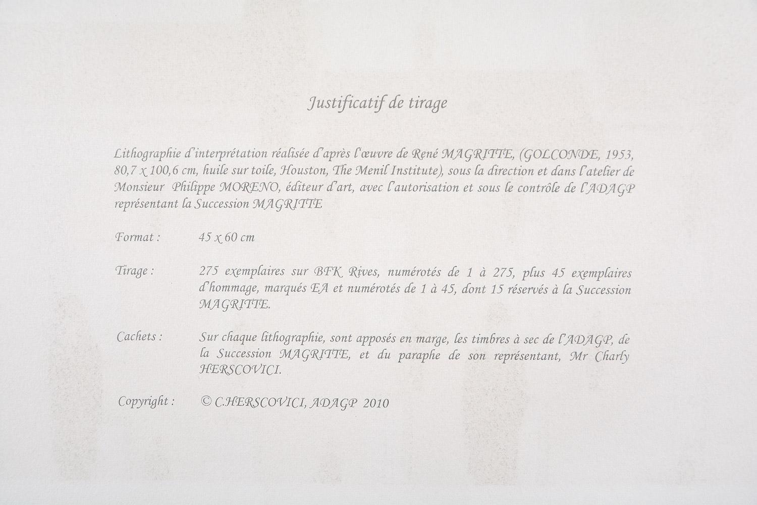 RENÉ MAGRITTE - GOLCONDE, 1953 Limited edition Lithograph - Surrealism For Sale 1