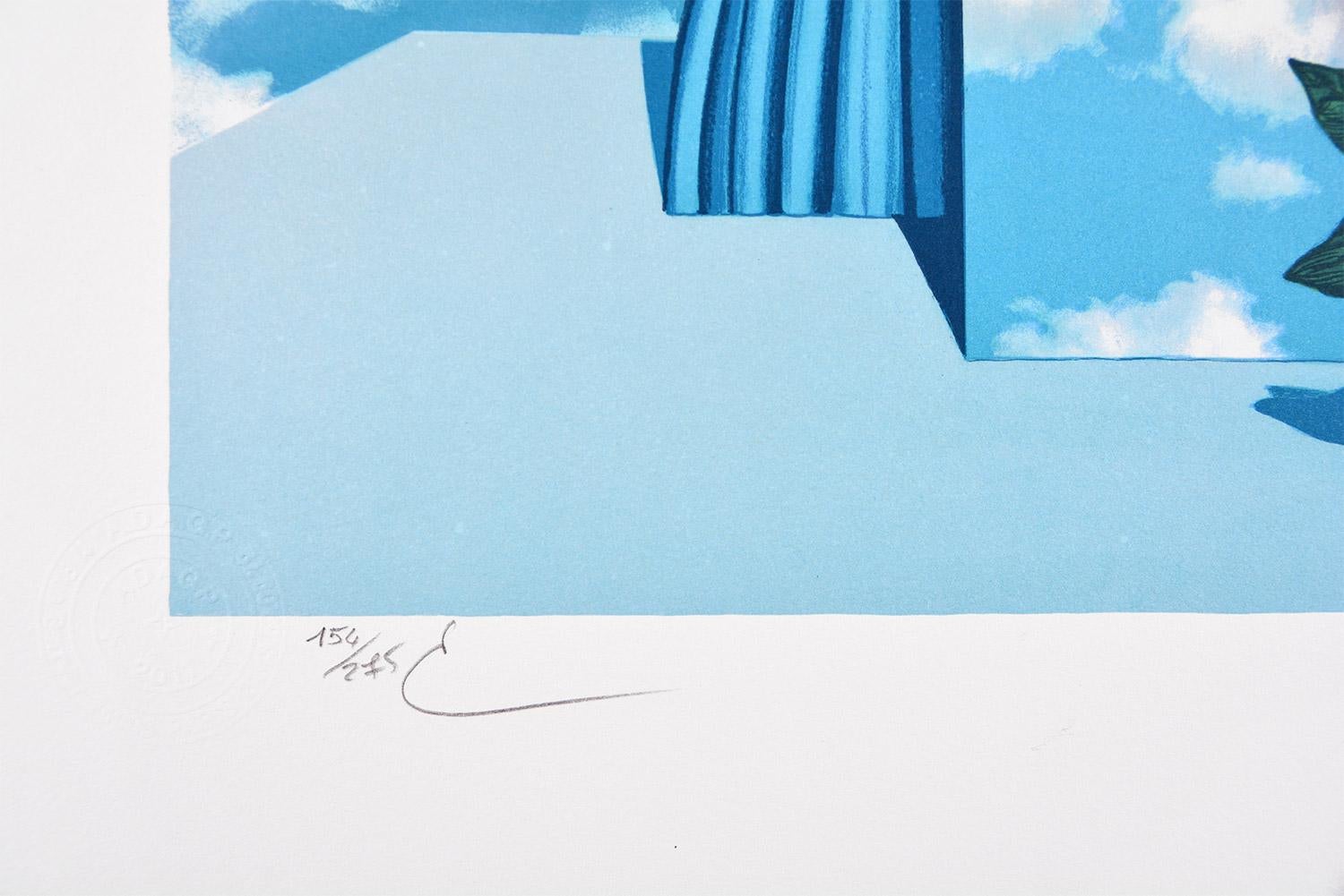 René Magritte - LE BEAU MONDE, 1962 (THE BEAUTIFUL WORLD)
Date of creation: 2010
Medium: Lithograph on BFK Rives Paper
Edition number: 154/275
Size: 60 x 45 cm
Condition: In very good conditions and never framed
Observations: Lithograph on BFK Rives