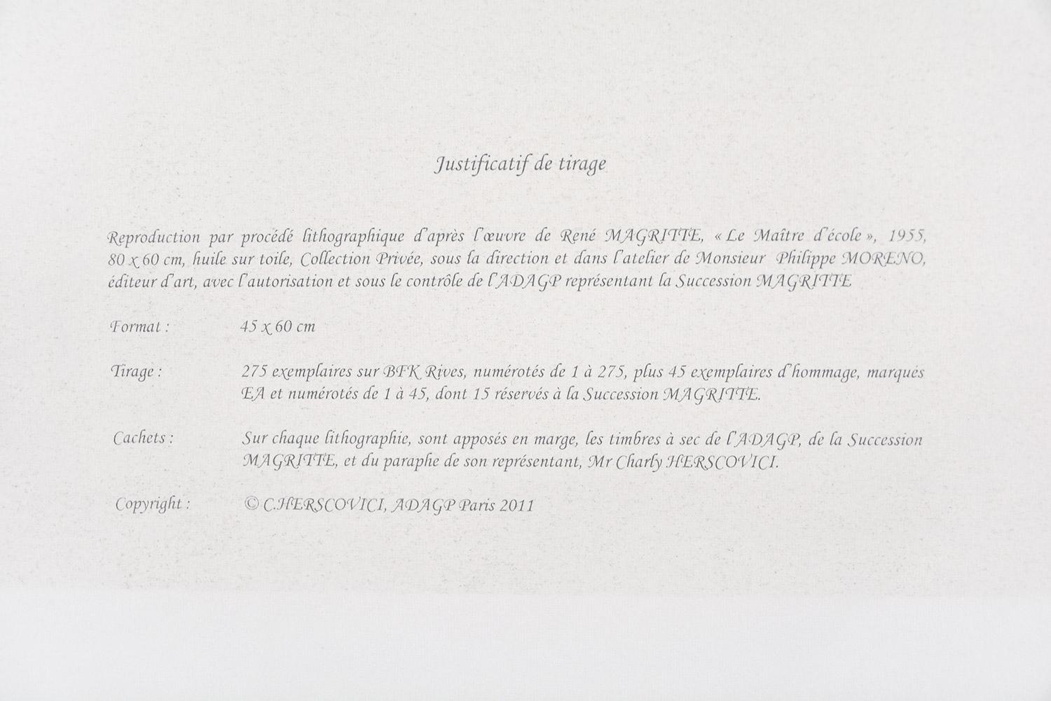 RENÉ MAGRITTE Le Maître d'École -  1955 Limited edition Lithograph - Surrealism For Sale 1