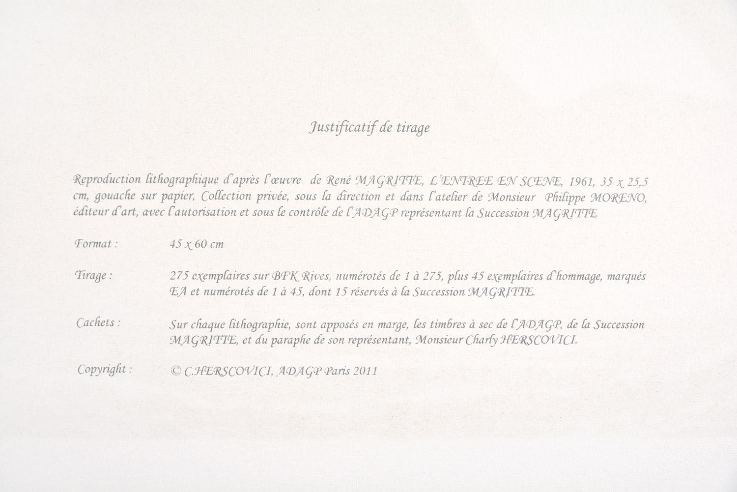 RENÉ MAGRITTE: L'ENTRÉE EN SCÈNE, 1961 - Limited edition Lithograph Surrealism 1