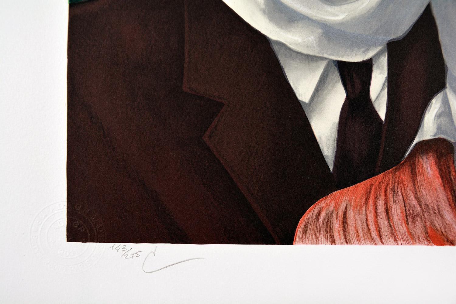 René Magritte - LES AMANTS, 1928 (THE LOVERS)
Date of creation: 2010
Medium: Lithograph on BFK Rives Paper
Edition number: 143/275
Size: 60 x 45 cm
Condition: New, in mint condition and never framed
Observations: Lithograph on BFK Rives paper plate