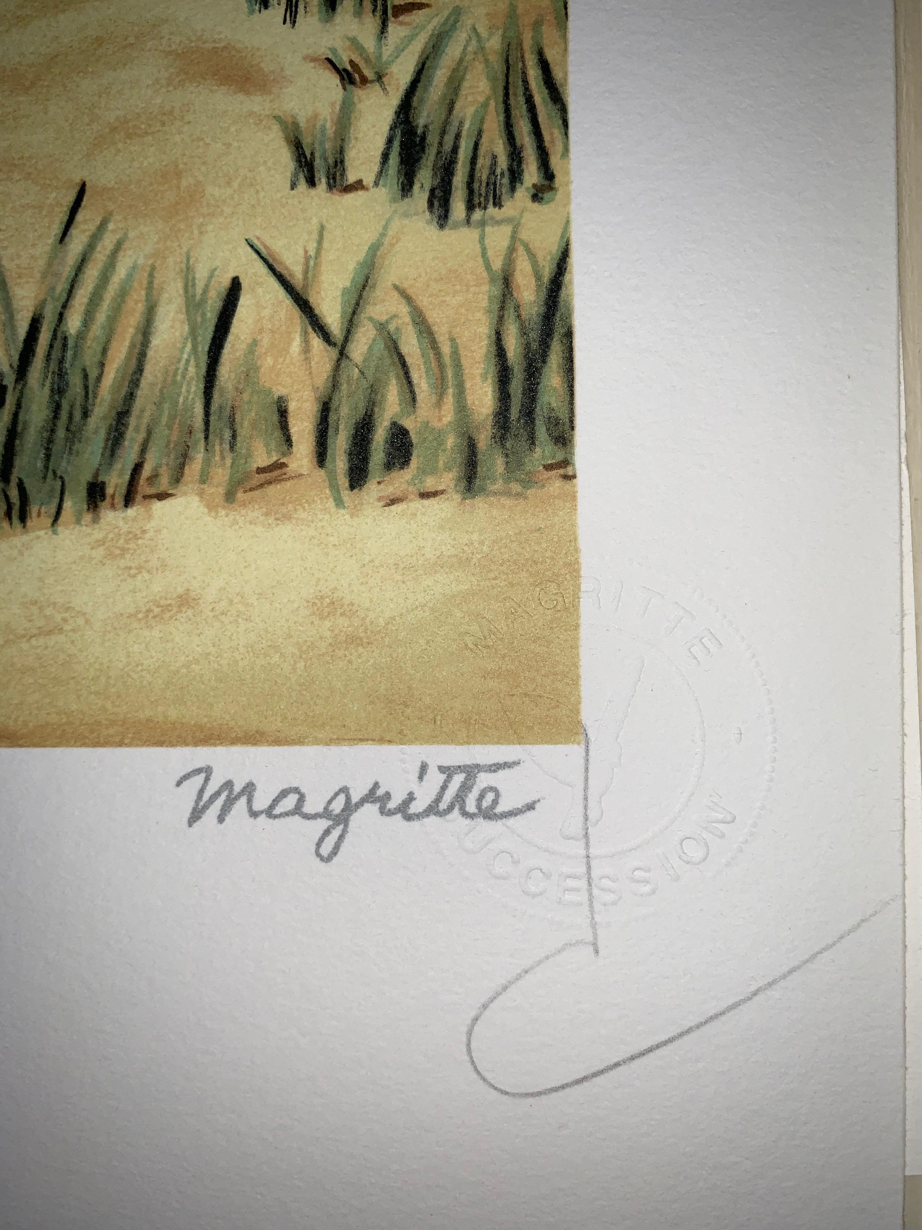 Color lithograph after the 1950 oil on canvas by René Magritte, printed signature of Magritte and numbered from the edition of 275. 
The lithograph features the dry stamps of the Magritte Foundation & ADAGP and is countersigned in pencil by Mr.