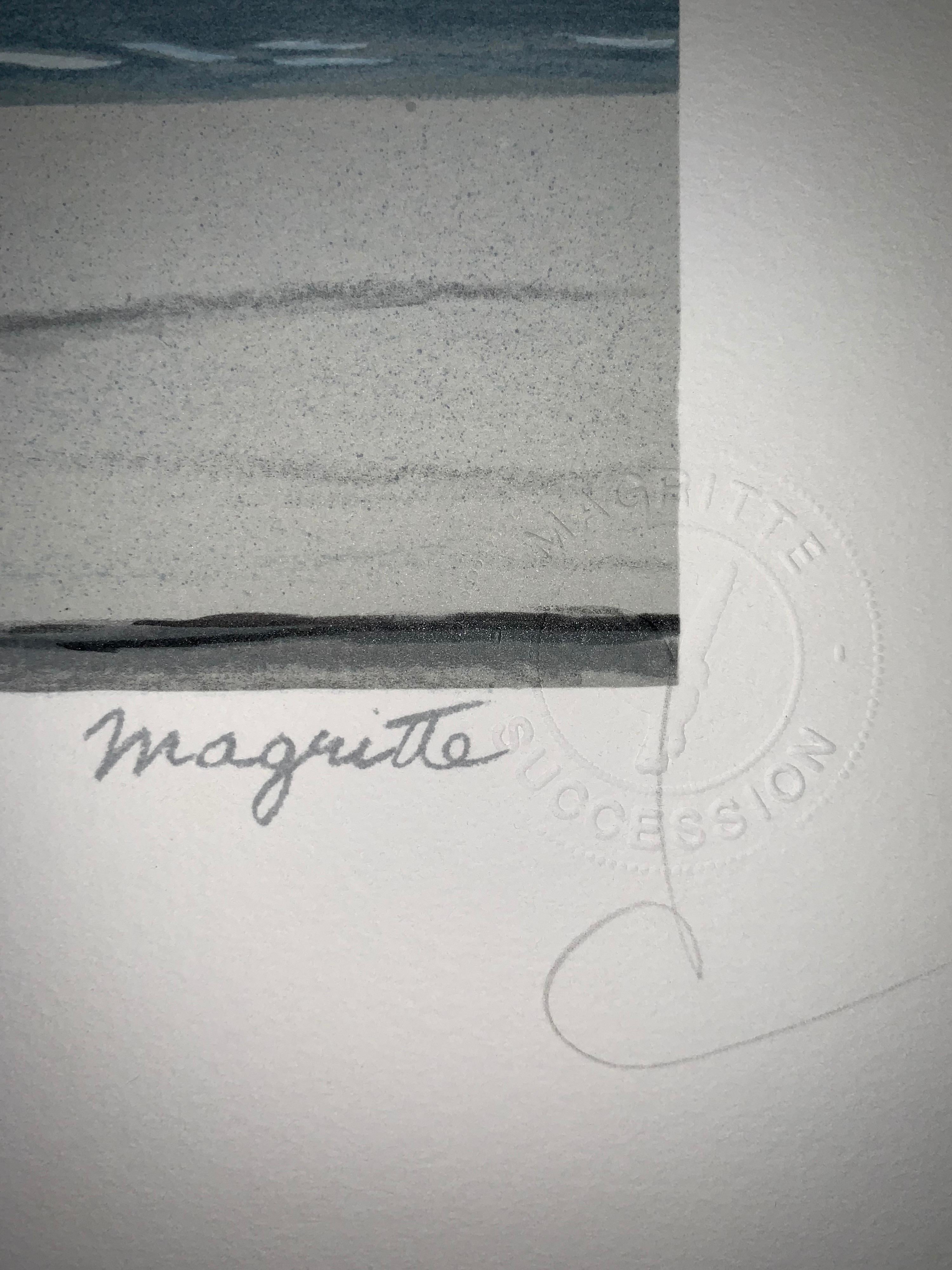 Color lithograph after the 1952 oil on canvas by René Magritte, printed signature of Magritte and numbered from the edition of 275. 
The lithograph features the dry stamps of the Magritte Foundation & ADAGP and is countersigned in pencil by Mr.