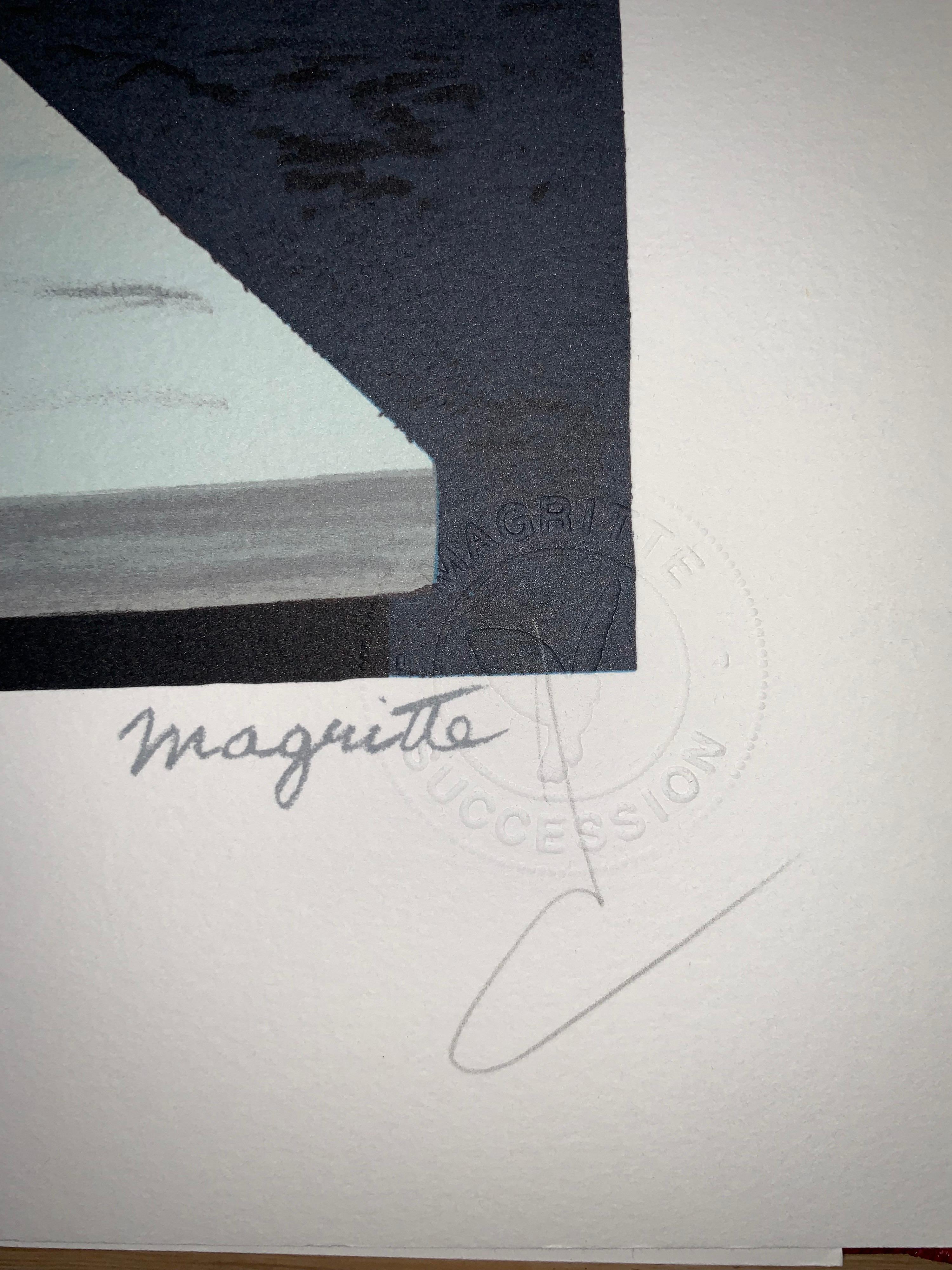 Color lithograph after the 1960 oil on canvas by René Magritte, printed signature of Magritte and numbered from the edition of 275. 
The lithograph features the dry stamps of the Magritte Foundation & ADAGP and is countersigned in pencil by Mr.