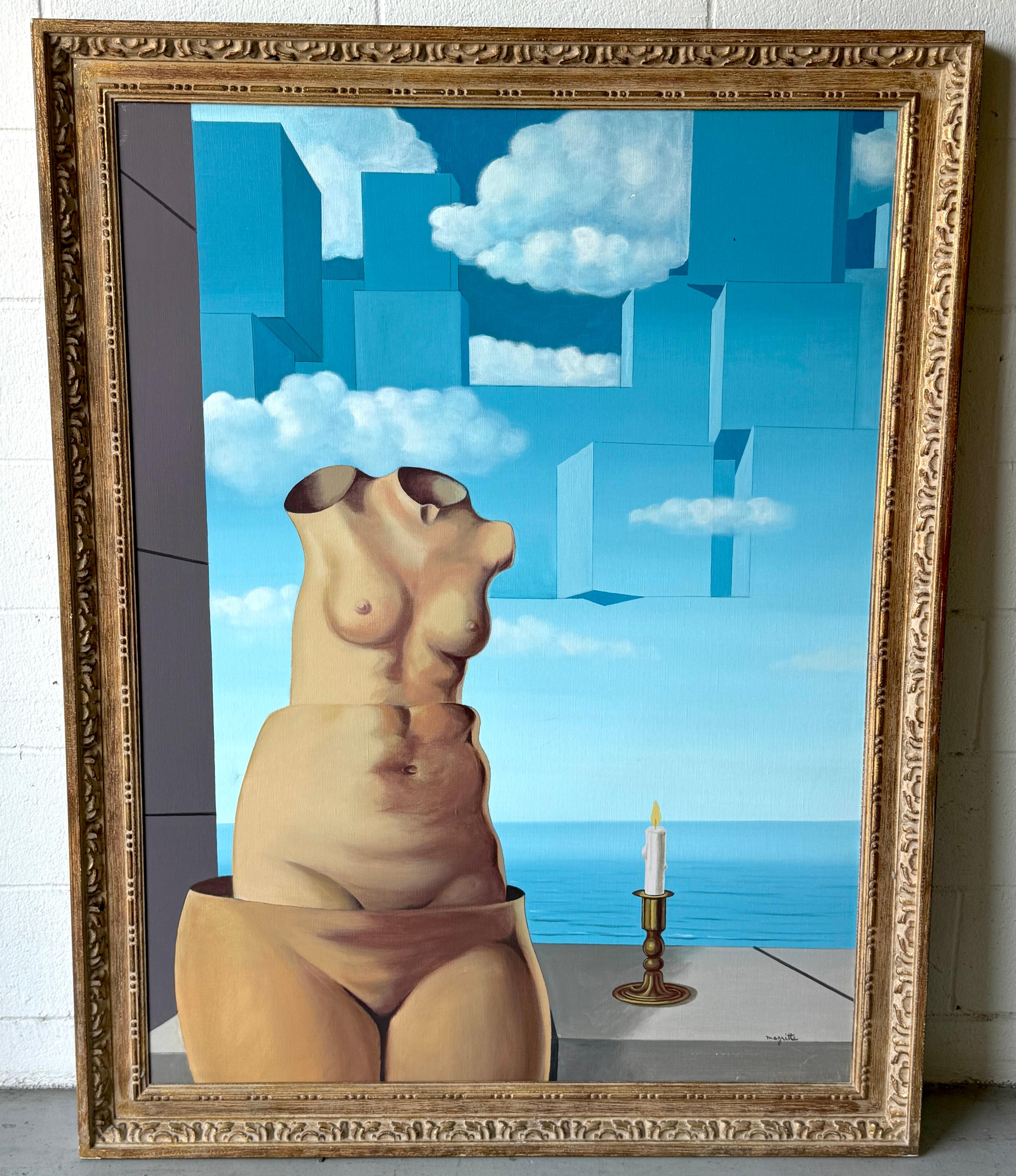 Delusions of Grandeur II di René Magritte, Replica d'epoca dell'olio su tela incorniciato da D. Matt Inc., 223 East 80th Street, NY

Appena arrivato da una proprietà di Palm Beach, siamo lieti di offrire questo splendido olio su tela della fine del