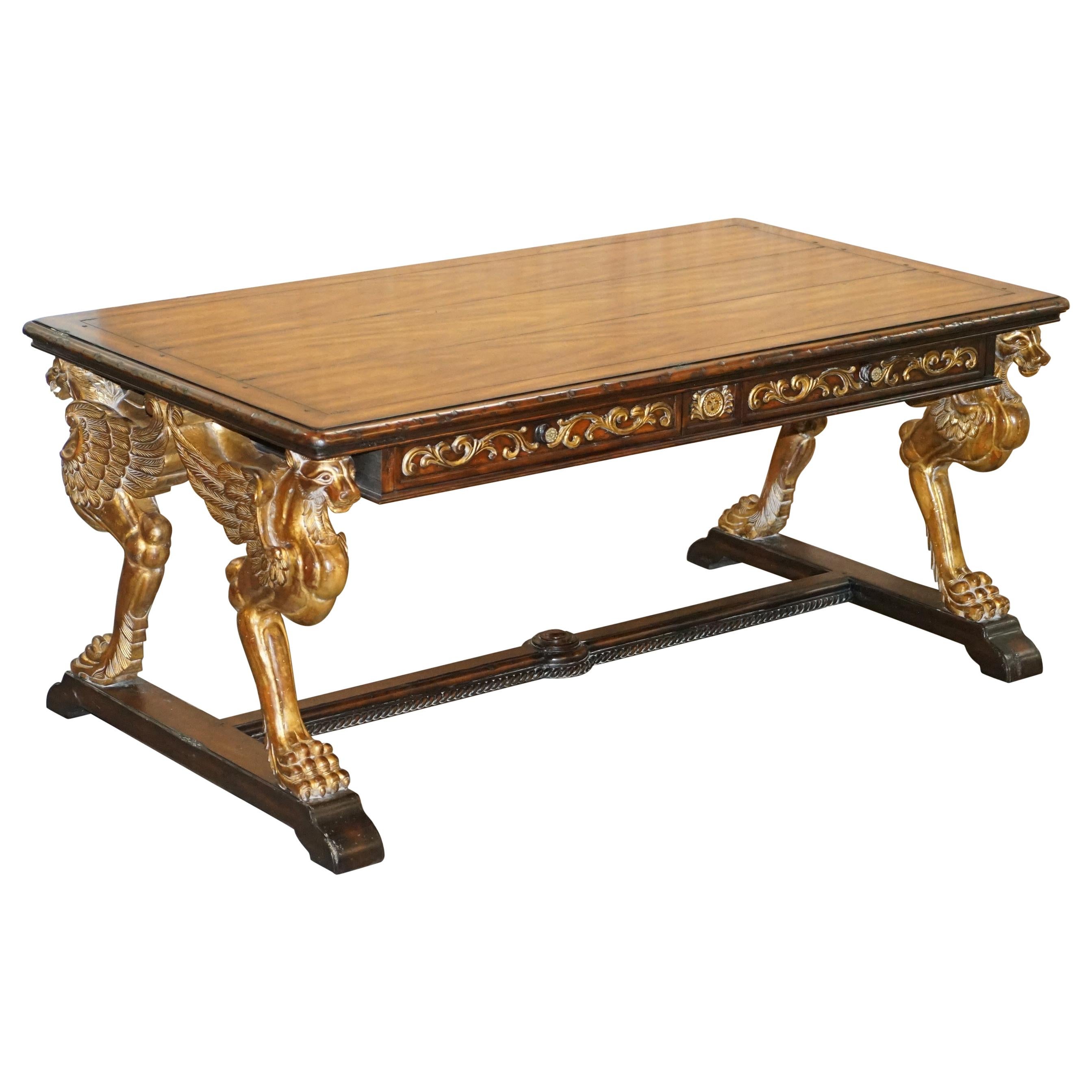 After RJ Horner Gold Giltwood Griffon Hardwood Double Sided Desk Writing Table For Sale