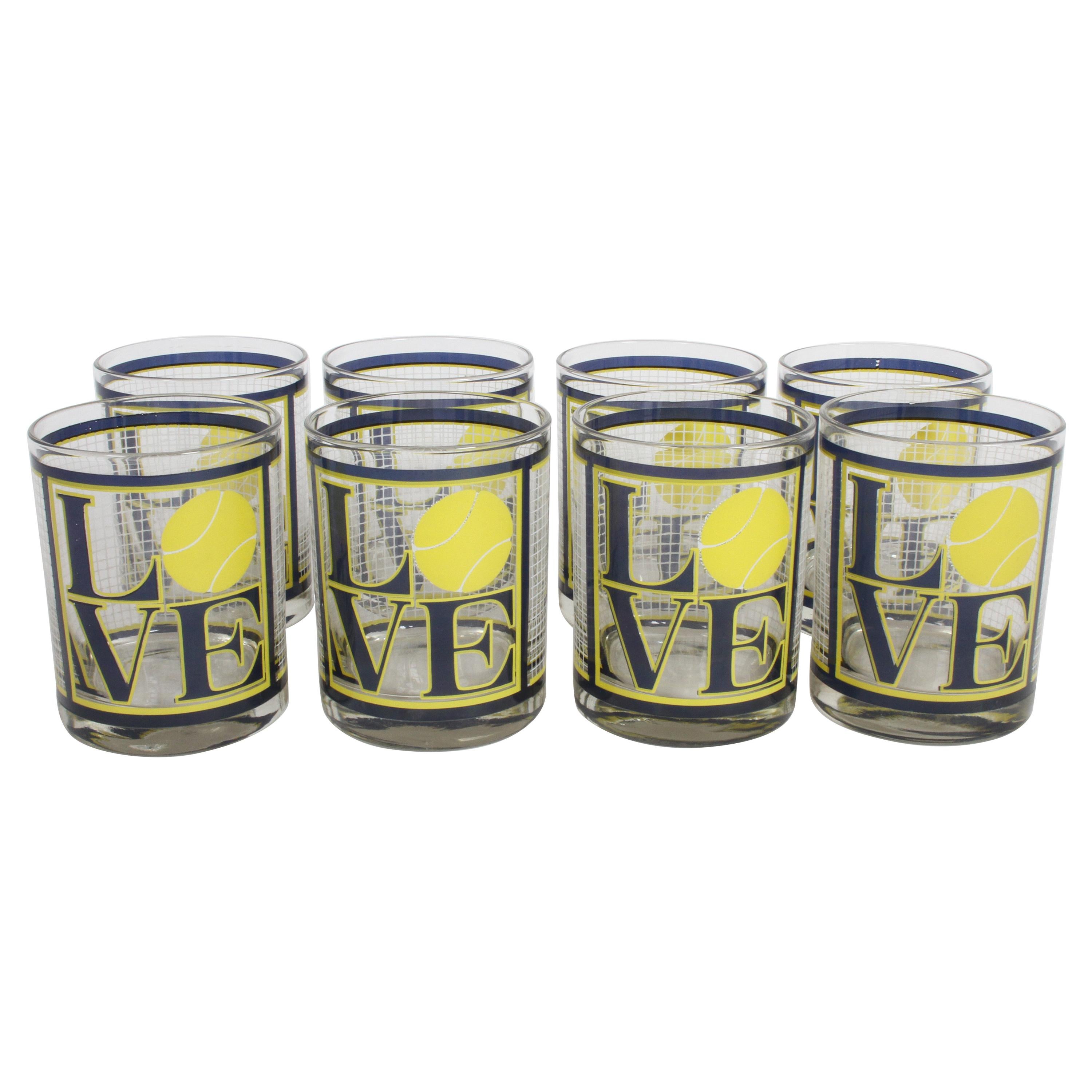 After Robert Indiana Barware "Love" Set of 8 Tennis Theme Glasses, MCM, Cera