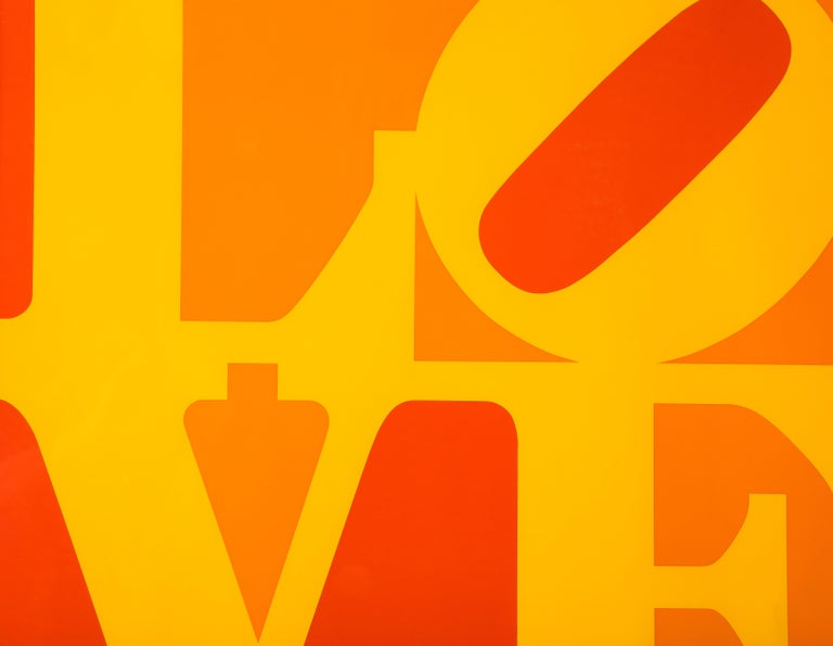 After Robert Indiana, Golden Love, Screenprint, Serigraph. Unsigned color screenprint on heavy wove paper with bright pop art colors: orange, yellow and red. Image size is 30
