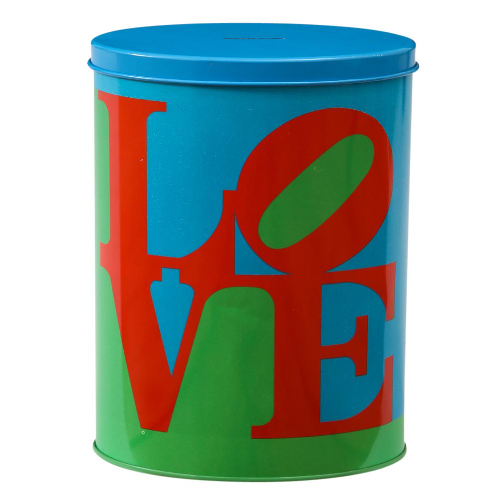 Love Coin Bank, After Robert Indiana, red, blue and green. Medium scale bank with LOVE printed on both sides of the metal. Signed: 