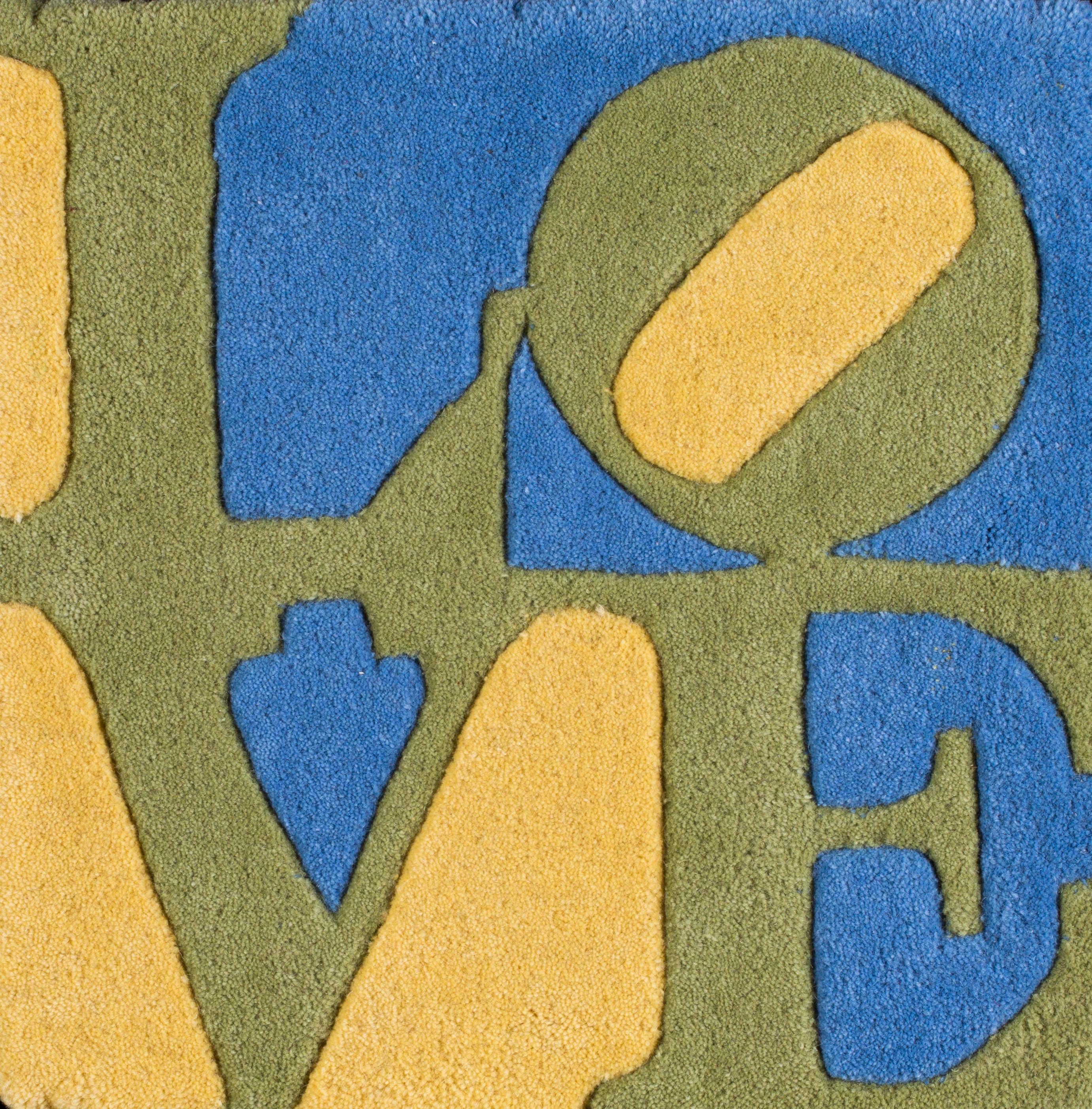Spring, mixed media 'Love' popart piece in green, yellow and blue by Indiana - Pop Art Mixed Media Art by (After) Robert Indiana