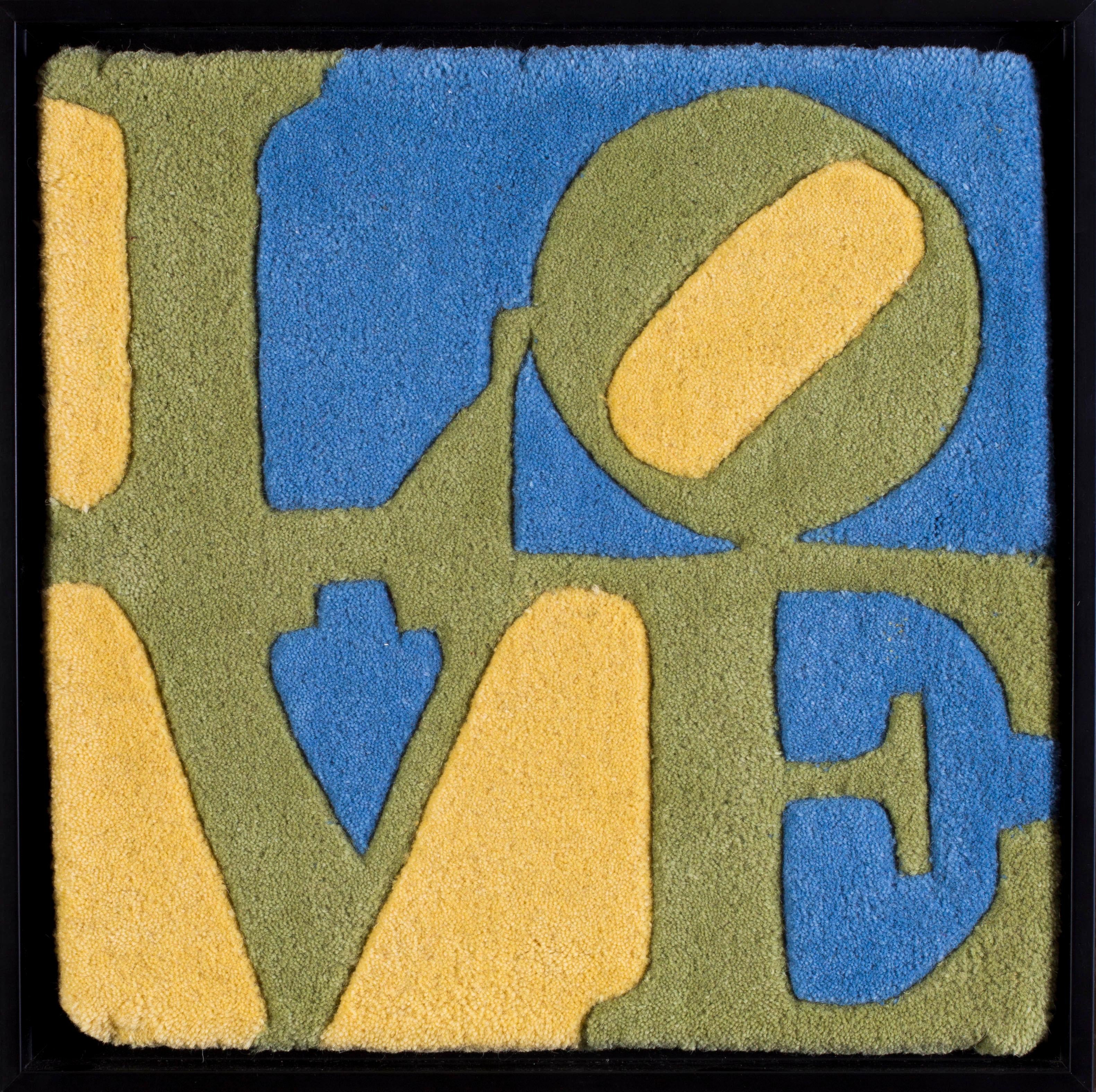 Spring, mixed media 'Love' popart piece in green, yellow and blue by Indiana - Mixed Media Art by (After) Robert Indiana