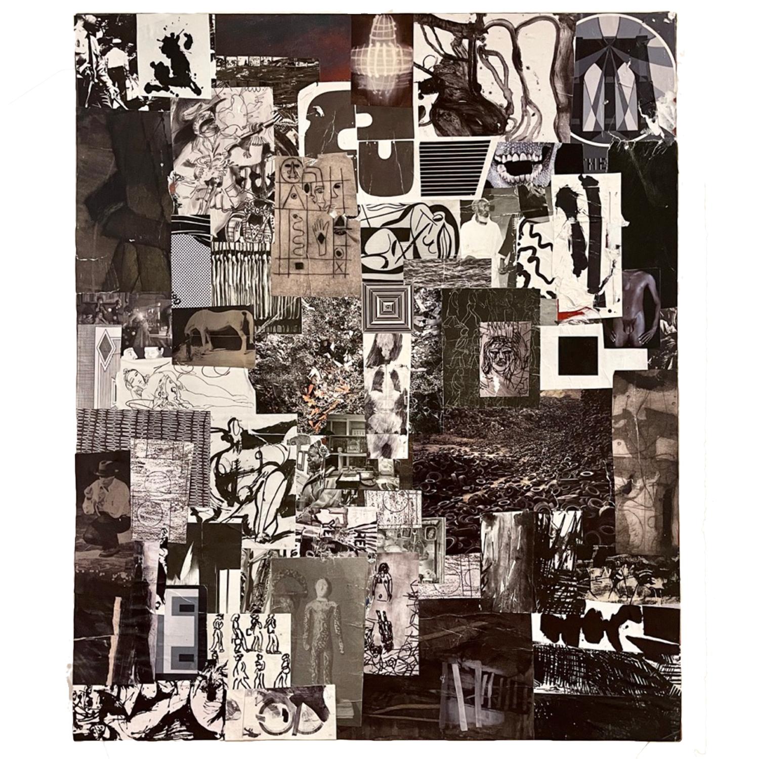 Black & White Collage on Board w. a Touch of Red - Mixed Media Art by (After) Robert Rauschenberg