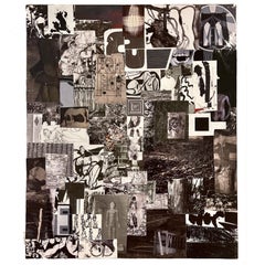 Collage in bianco e nero su tavola con un tocco di rosso