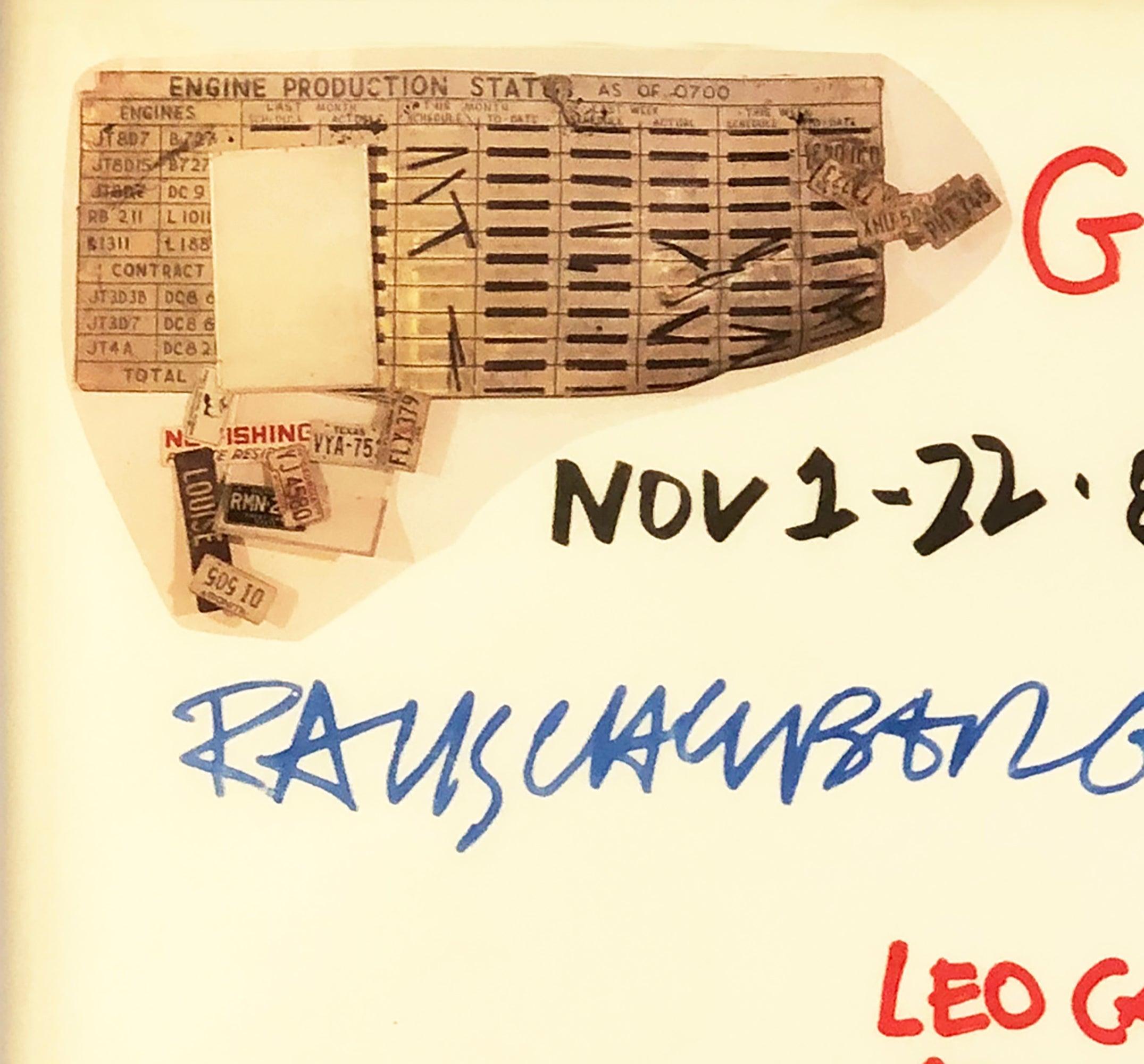 This rare, original offset lithograph poster was produced for Robert Rauschenberg’s Gluts exhibition at Leo Castelli Gallery, New York, held from November 1–22, 1986. Printed on transparent paper, the poster reflects Rauschenberg’s experimental