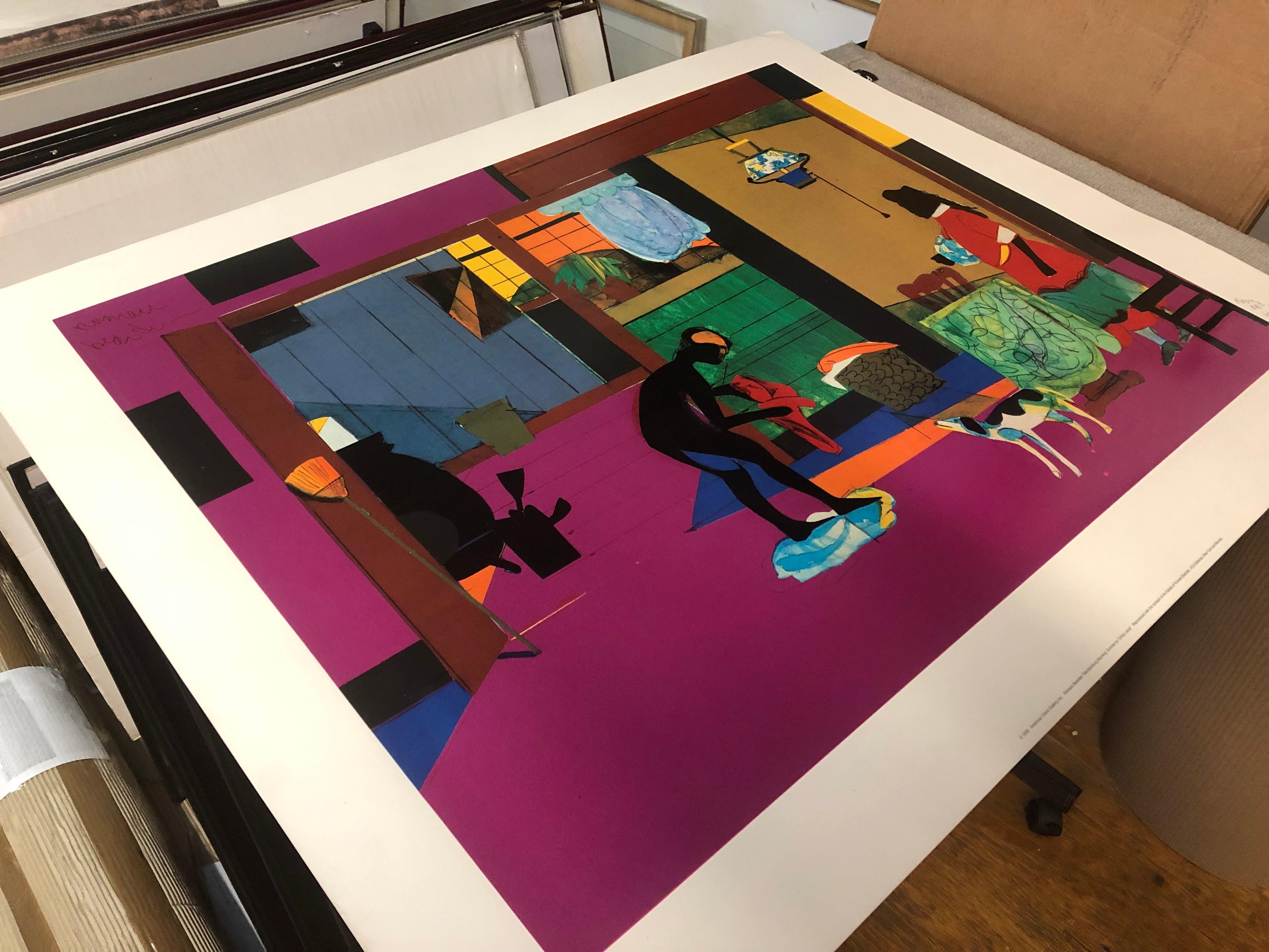 Questa vibrante riproduzione dell'opera di Romare Bearden, intitolata Mecklenburg Morning: Sunrise for China Lamp, è stata pubblicata da American Vision Gallery Inc. e riprodotta con il consenso dell'Estate of Romare Bearden. Il pezzo è numerato
