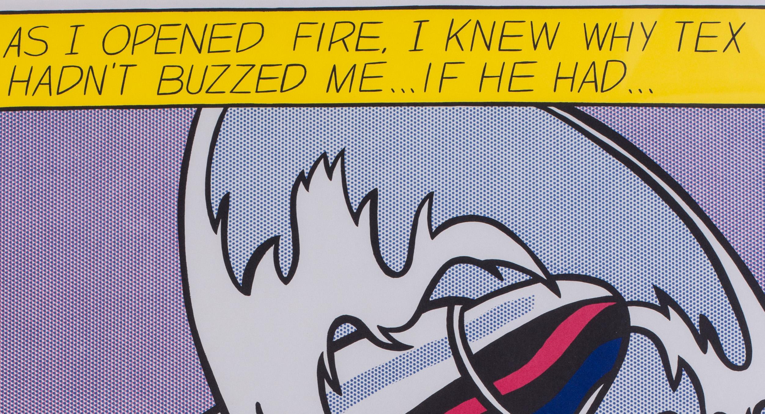 Roy Lichtenstein (American, 1923 – 1997)

As I opened fire

One signed ‘R. Lichtenstein’ (lower right, in pencil)
Offset lithograph on wove paper 
An edition of 3 parts from the Stedelijk Museum, Amsterdam.  
Each sheet measures 25 x 21 in. (63.5 x