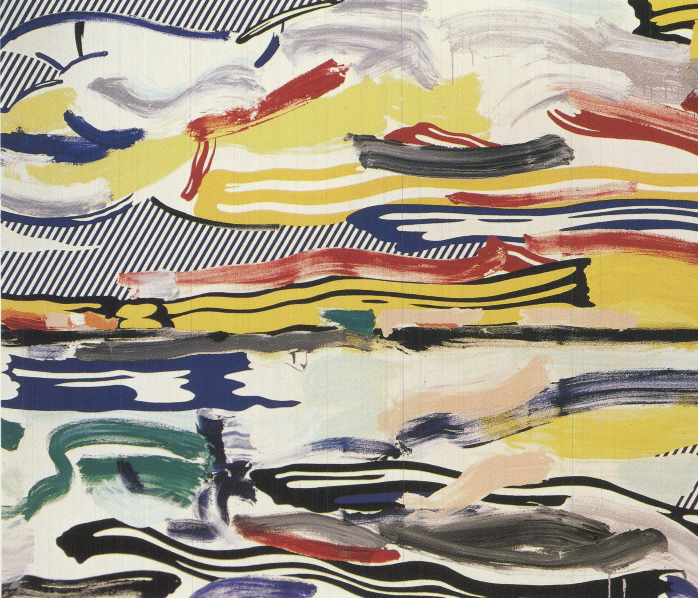 Sky and Water von Roy Lichtenstein ist eine alte Blanko-Grußkarte, die ursprünglich 1980 für das Guggenheim Museum gedruckt wurde. Die Karte ist in einen weißen Holzrahmen mit einem Frontprofil von 1 Zoll und einem Seitenprofil von 3/4 Zoll gerahmt.