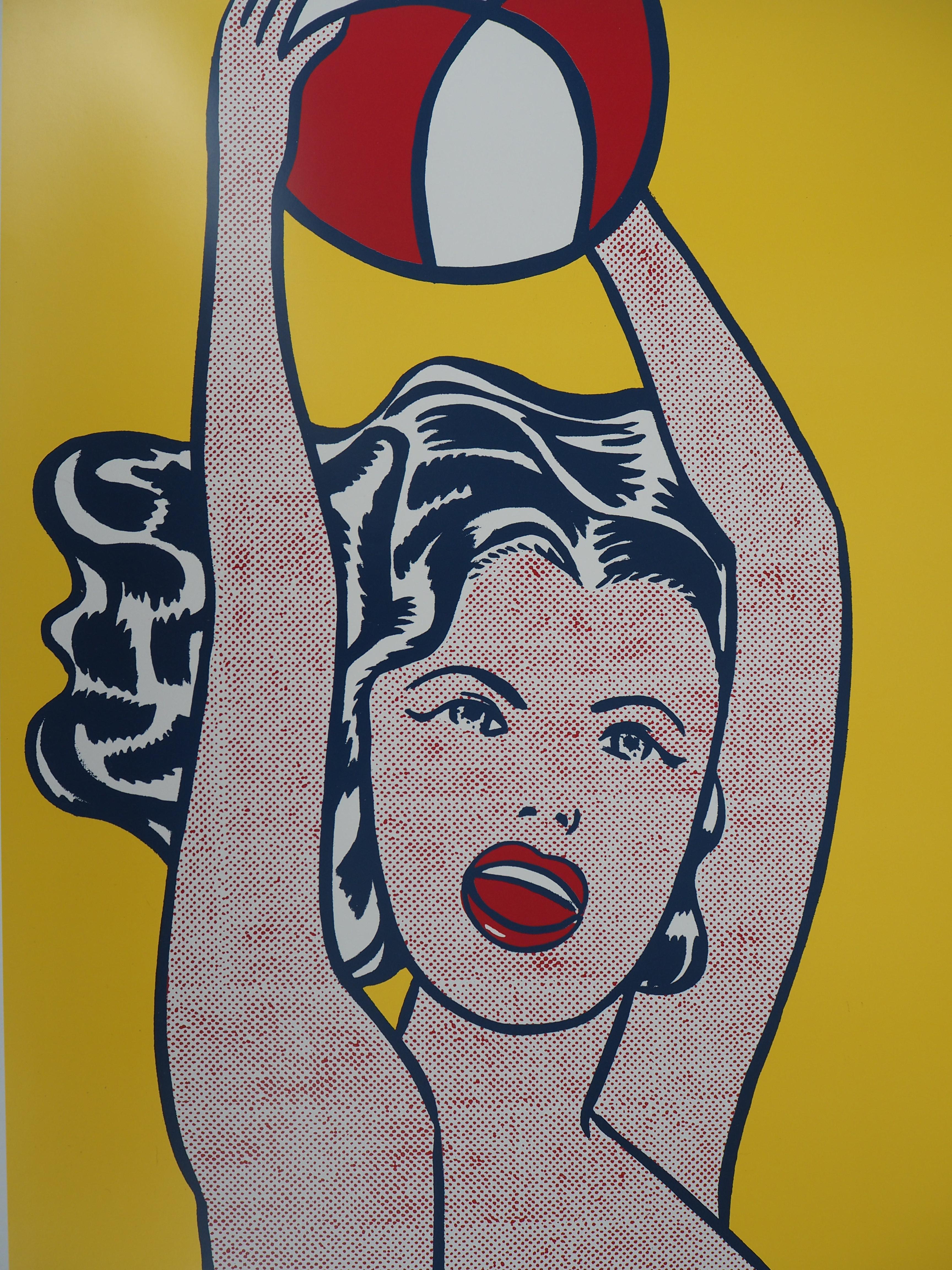 Roy Lichtenstein (after)
Woman with Red Ball 

Original vintage poster (offset print)
On paper 100 x 71 cm (c. 39 x 28 inch)
Created for the Lichtenstein exhibition in Palais des Beaux Arts, Brussels 1995

Excellent condition, minor defects at the