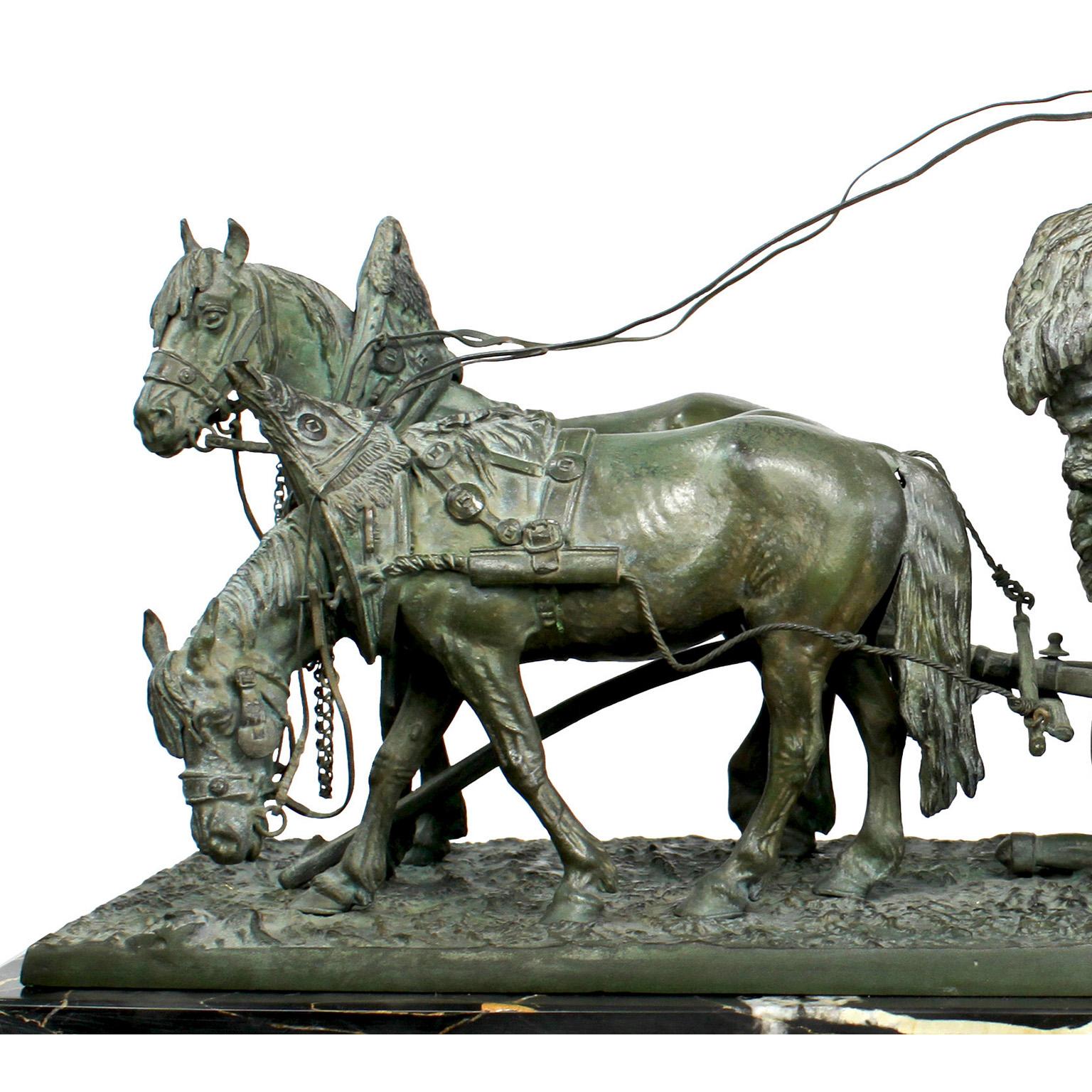 After Rudolf Winder (Austrian, b. 1842) a very fine Austrian 19th century figural group depicting farmers loading a horse-drawn-cart with their wheat harvest. The finely cast green-patinated bronze sculpture of a twin-drawn horse cart, with the male