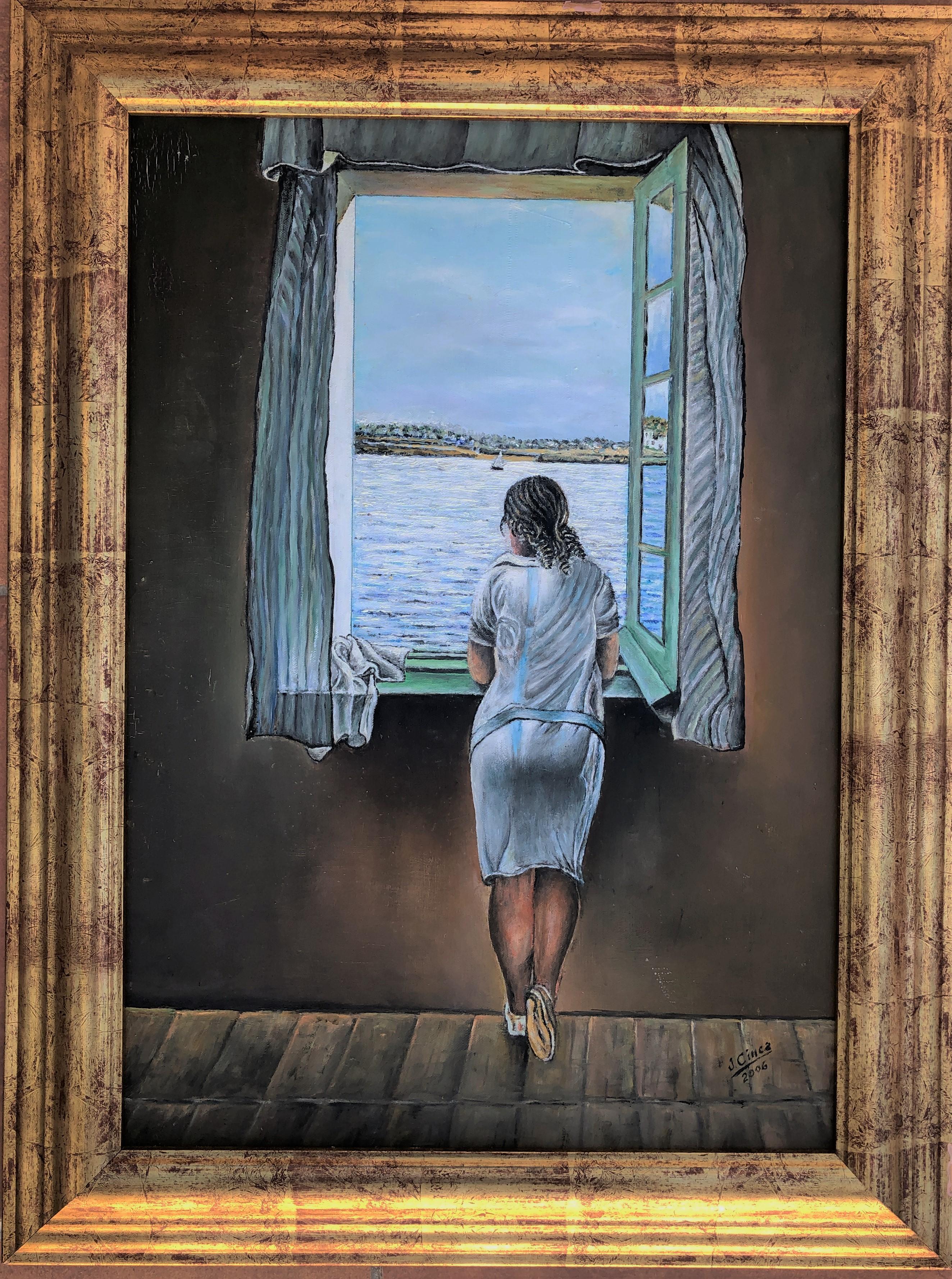 Woman at the window tribute to Dalí oil on canvas painting - Painting by (after) Salvador Dali