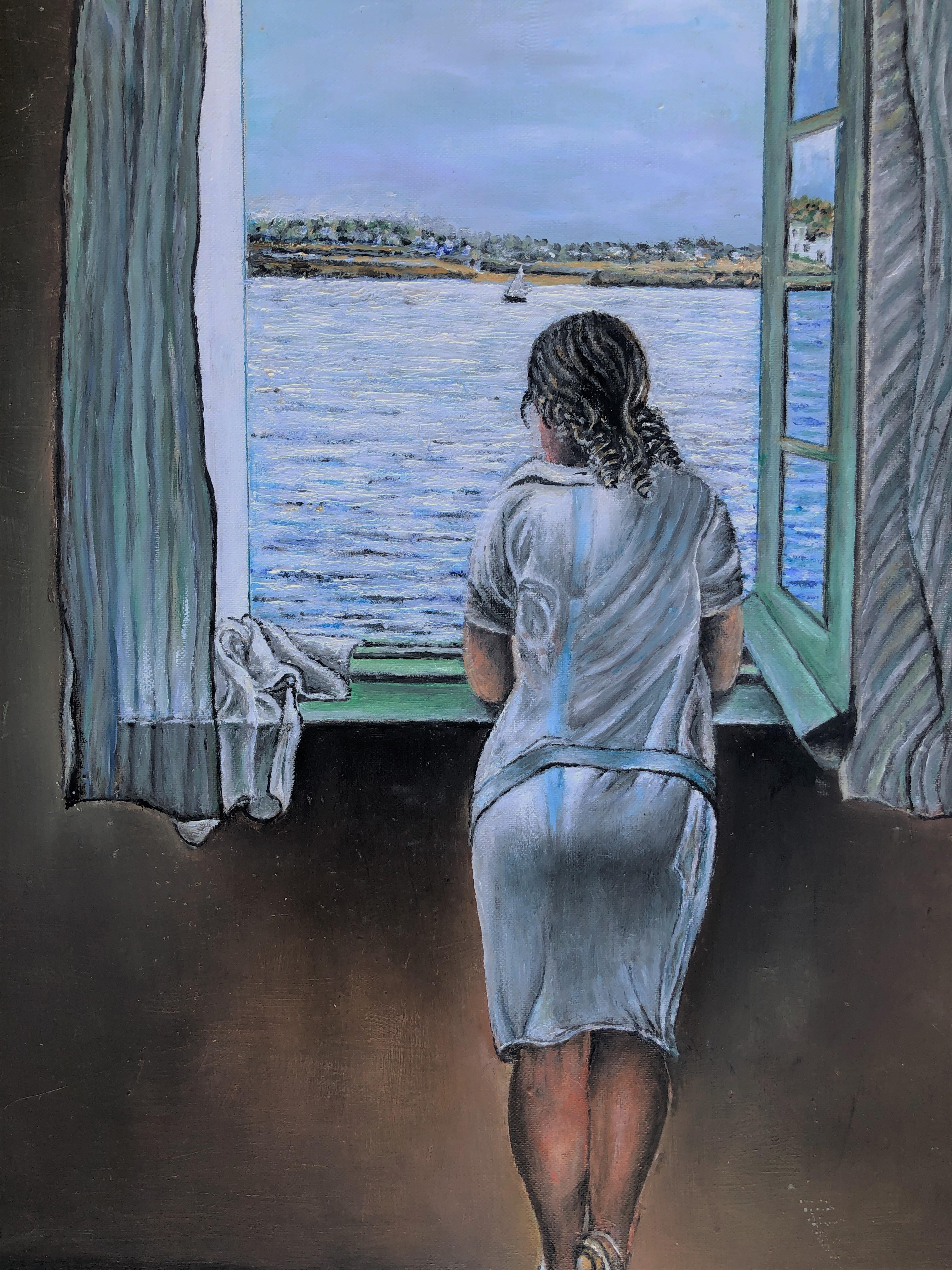 Woman at the window tribute to Dalí oil on canvas painting 1