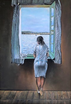 Woman at the window tribute to Dalí oil on canvas painting