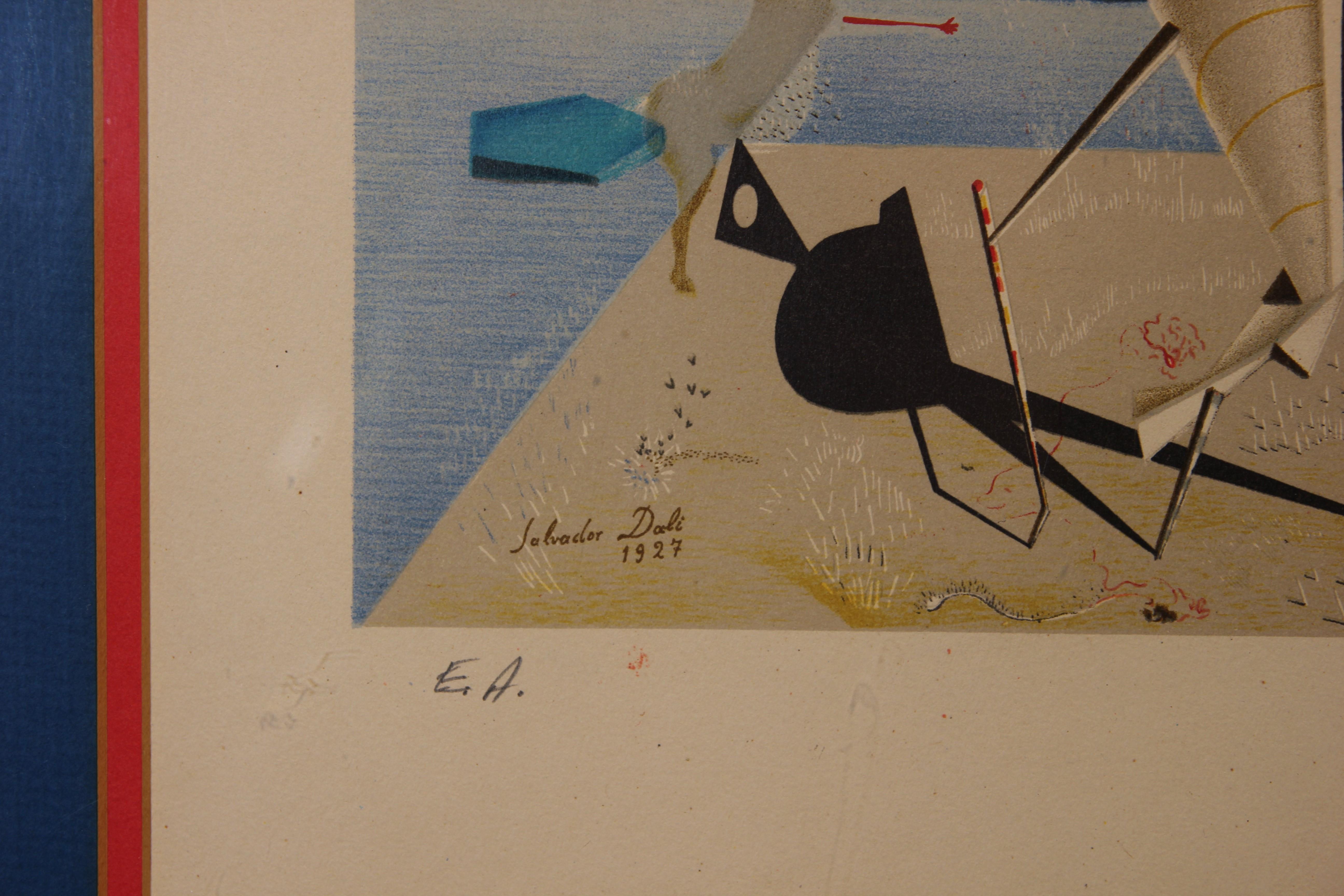 Der Druck des berühmten surrealistischen Gemäldes „Apparatus and Hand“ von Salvador Dali aus dem Jahr 1927 wurde in einer limitierten Auflage hergestellt. Der surrealistische Druck hat verschiedene geometrische Formen mit einer Figur:: die mit