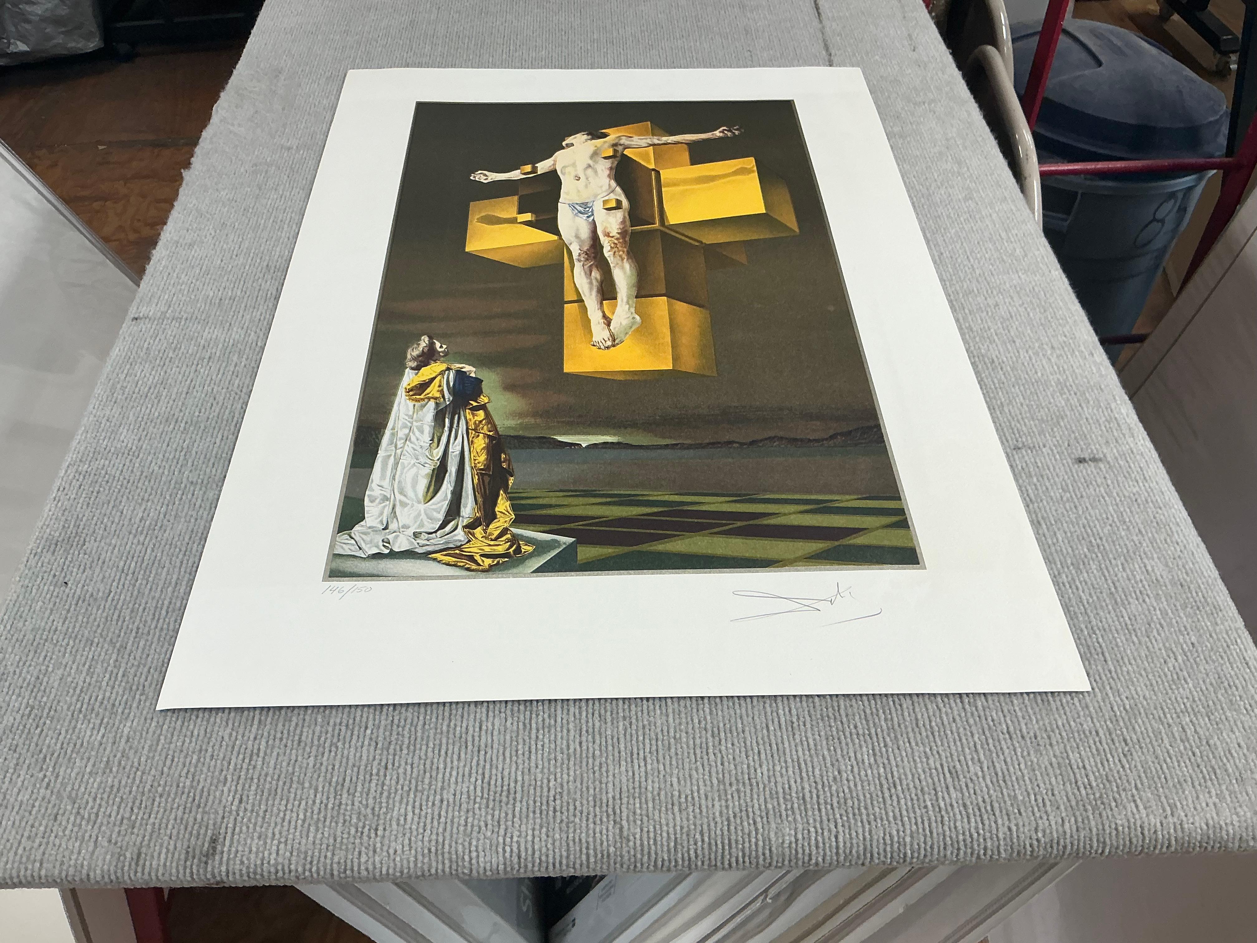 This is a hand-signed and numbered lithograph by Salvador Dalí, titled Crucifixion of Christ, from an edition of 150 printed on Arches paper. The signature appears outside the image, a common practice with Dalí, who pre-signed blank sheets before