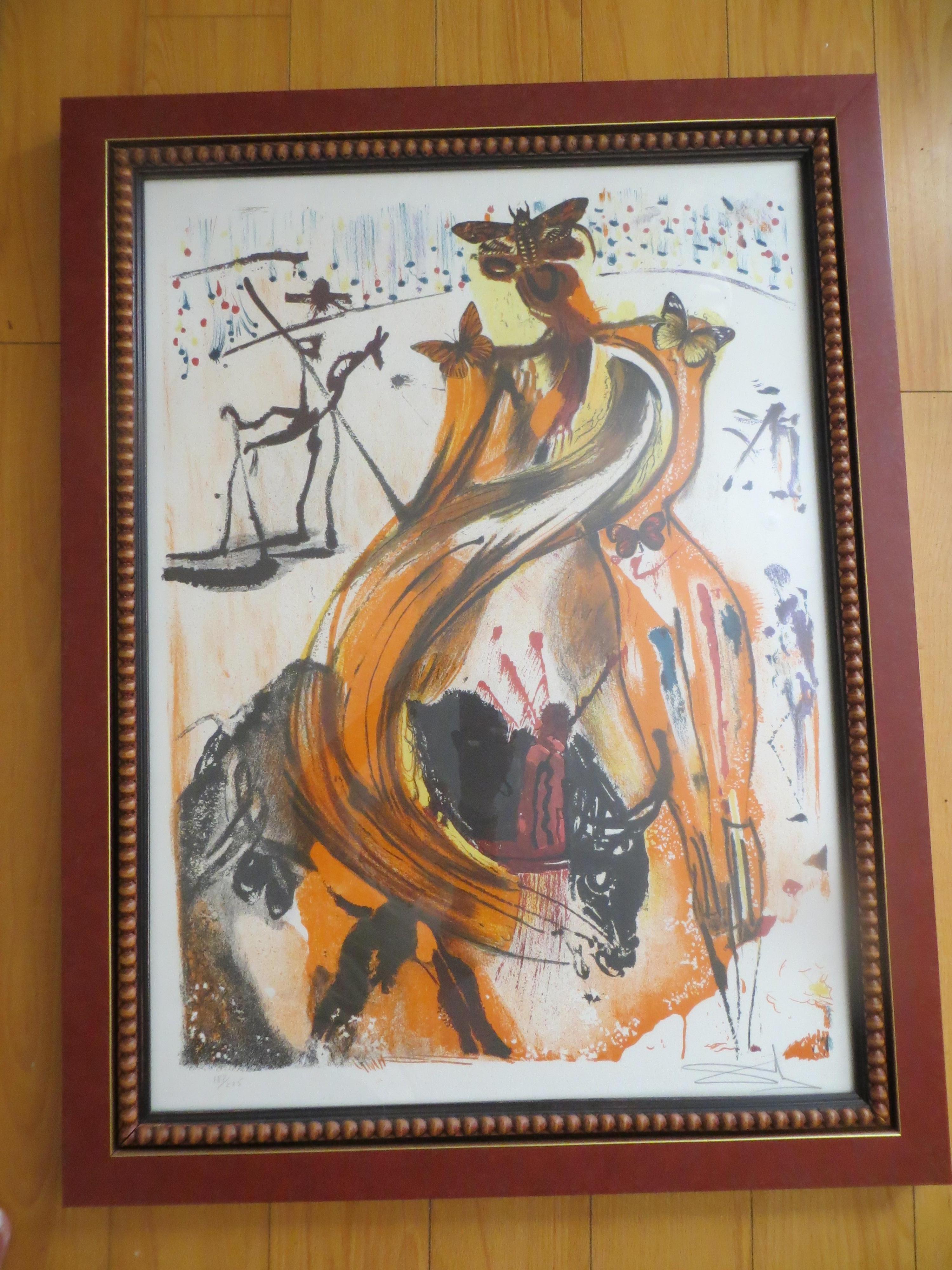 Dies ist Salvador Dalis Schmetterling und der Stierkämpfer. Es ist mit Dali signiert. Es hat die Nummer 185 von 225. Signiert auf dem rechten Schild 

Salvador Dali (1904-1989) war ein berühmter katalanischer Maler. Er ist eine prägende Figur der