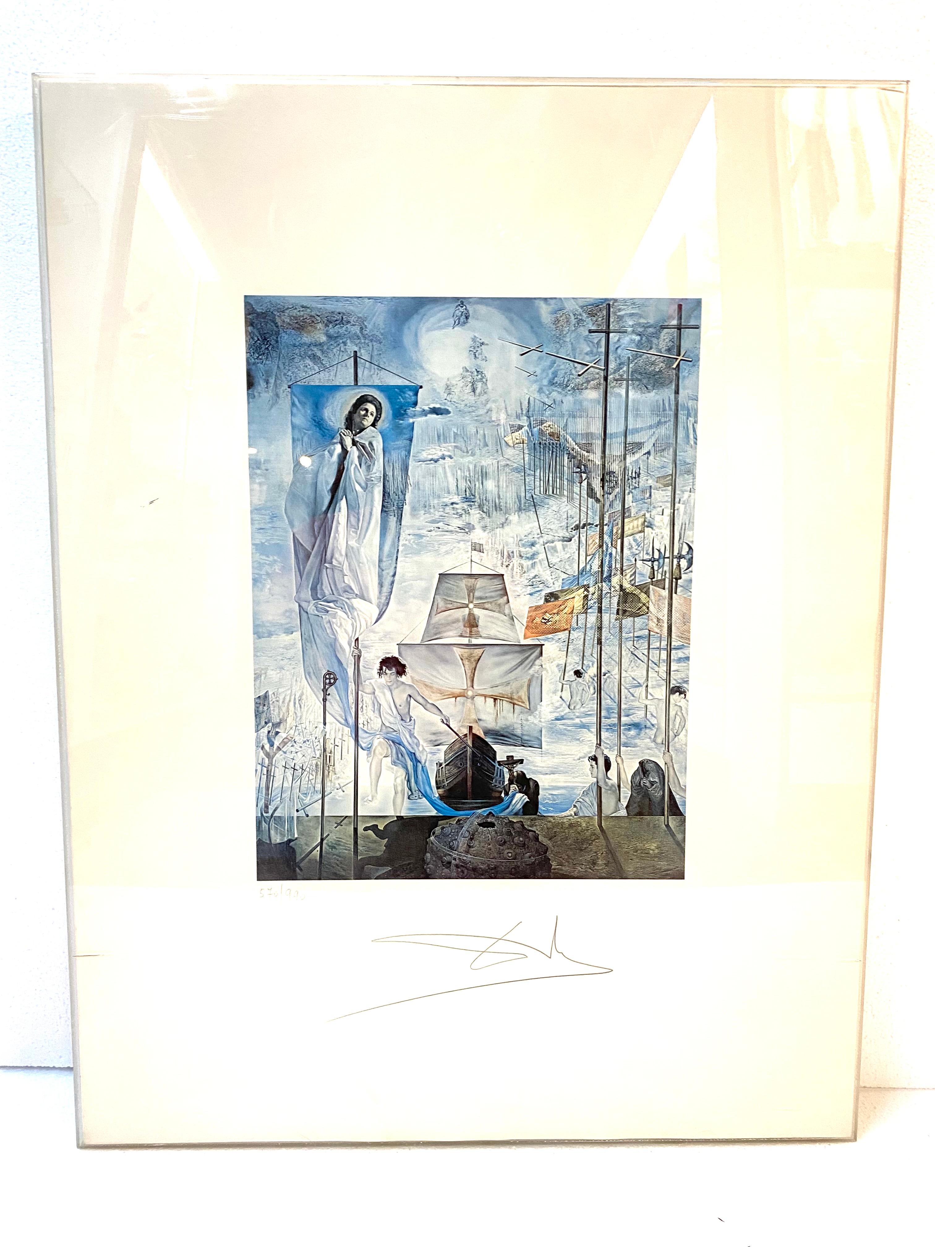 This is an original hand signed limited edition 570 / 990 Dali lithograph.
It was created from the original oil on canvas painting (14x9 feet) that Salvador Dali completes in 1959.As a devout Roman Catholic, Dali portrayed Columbus as a Christian
