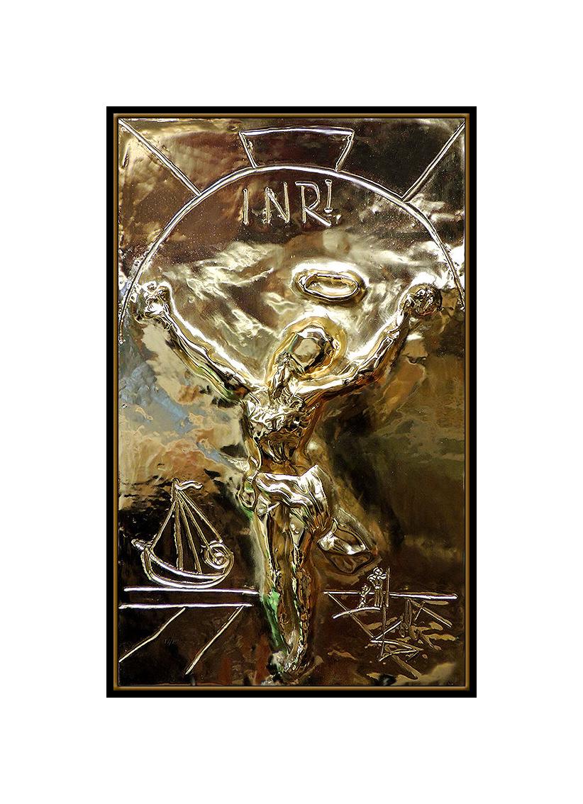 Salvador Dali Bronze Relief Sculpture Gold Edition Signed Christ Cross Signed - Brown Figurative Sculpture by (after) Salvador Dali