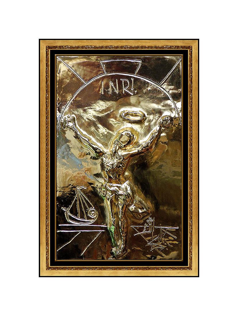 (after) Salvador Dali Figurative Sculpture - Salvador Dali Bronze Relief Sculpture Gold Edition Signed Christ Cross Signed