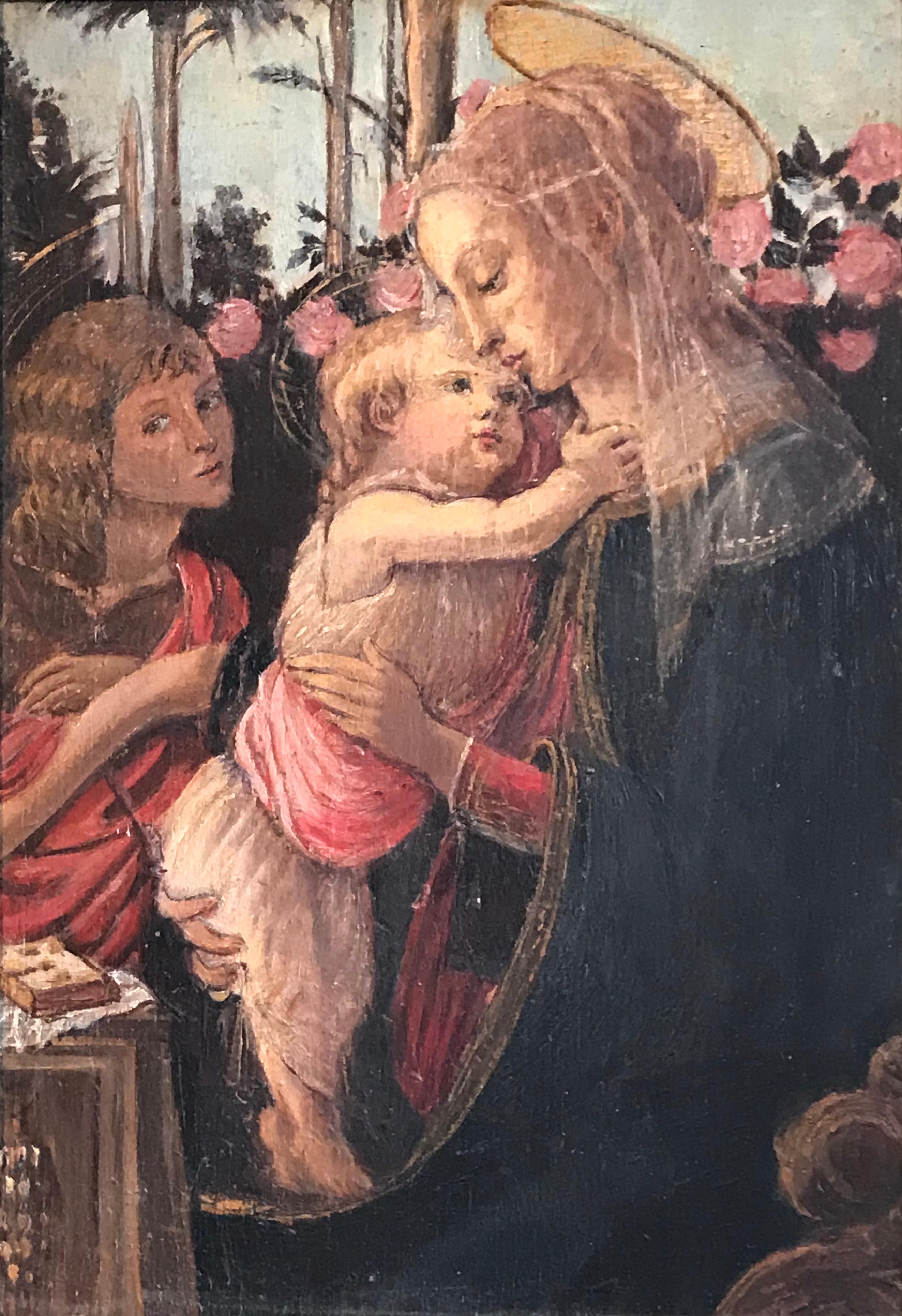 (After) Sandro Botticelli Figurative Painting - The Virgin, Christ Child and St. John the Baptist, Fine Italian Oil Painting