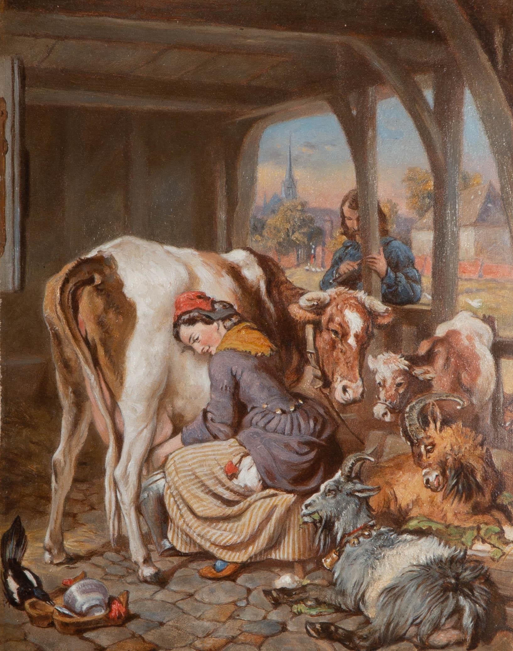 A truly exquisite copy of the original painting by Edward Landseer, showing a dairy maid milking a cow in a crowded barn full of goats, with a man watching from the door. The maid's focus has been caught by a naughty magpie pecking at the handle of