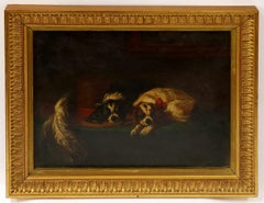 The Cavalier's Pet's - Two King Charles Spaniels Antique Dog Oil Painting