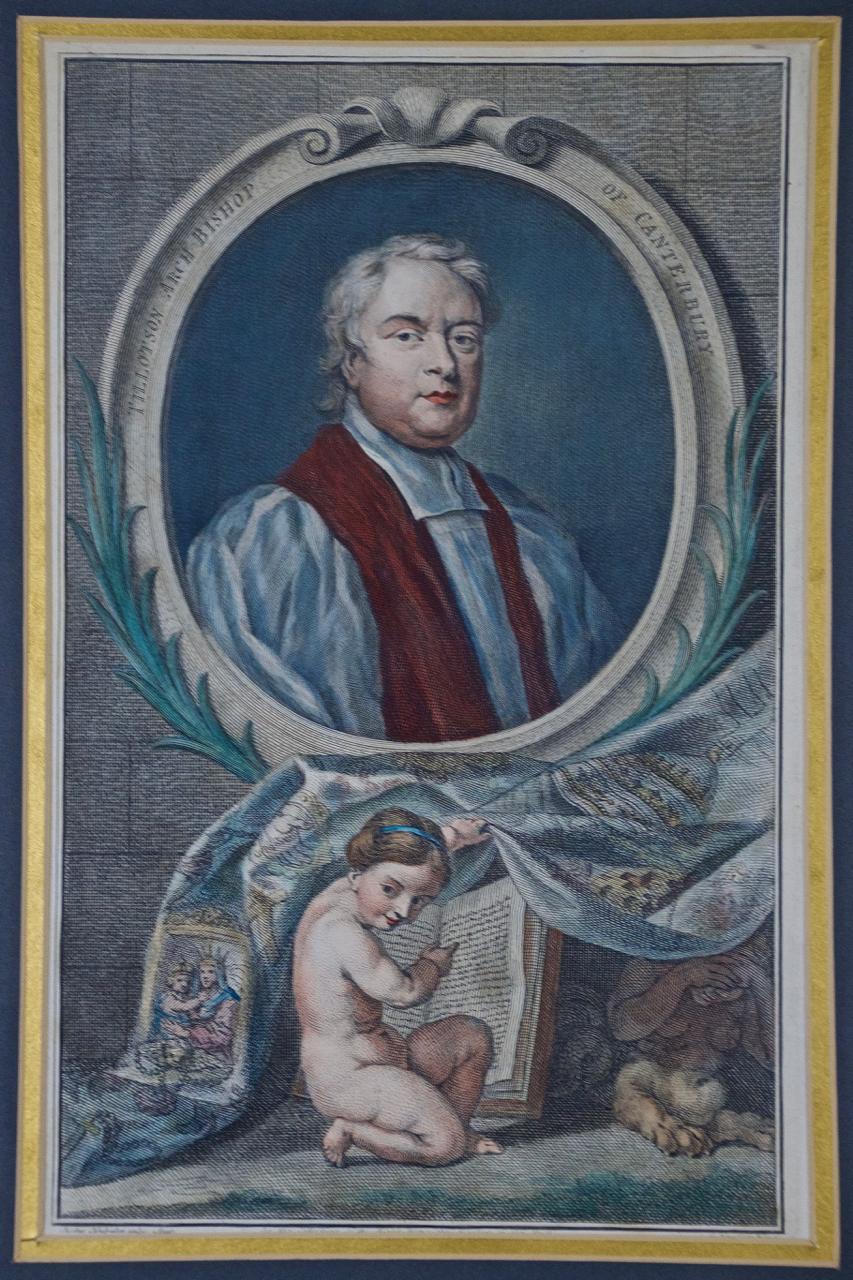 Tillotson, Erzbischof von Canterbury: Ein handkoloriertes Porträt aus dem 18. Jahrhundert von Kneller – Print von (After) Sir Godfrey Kneller
