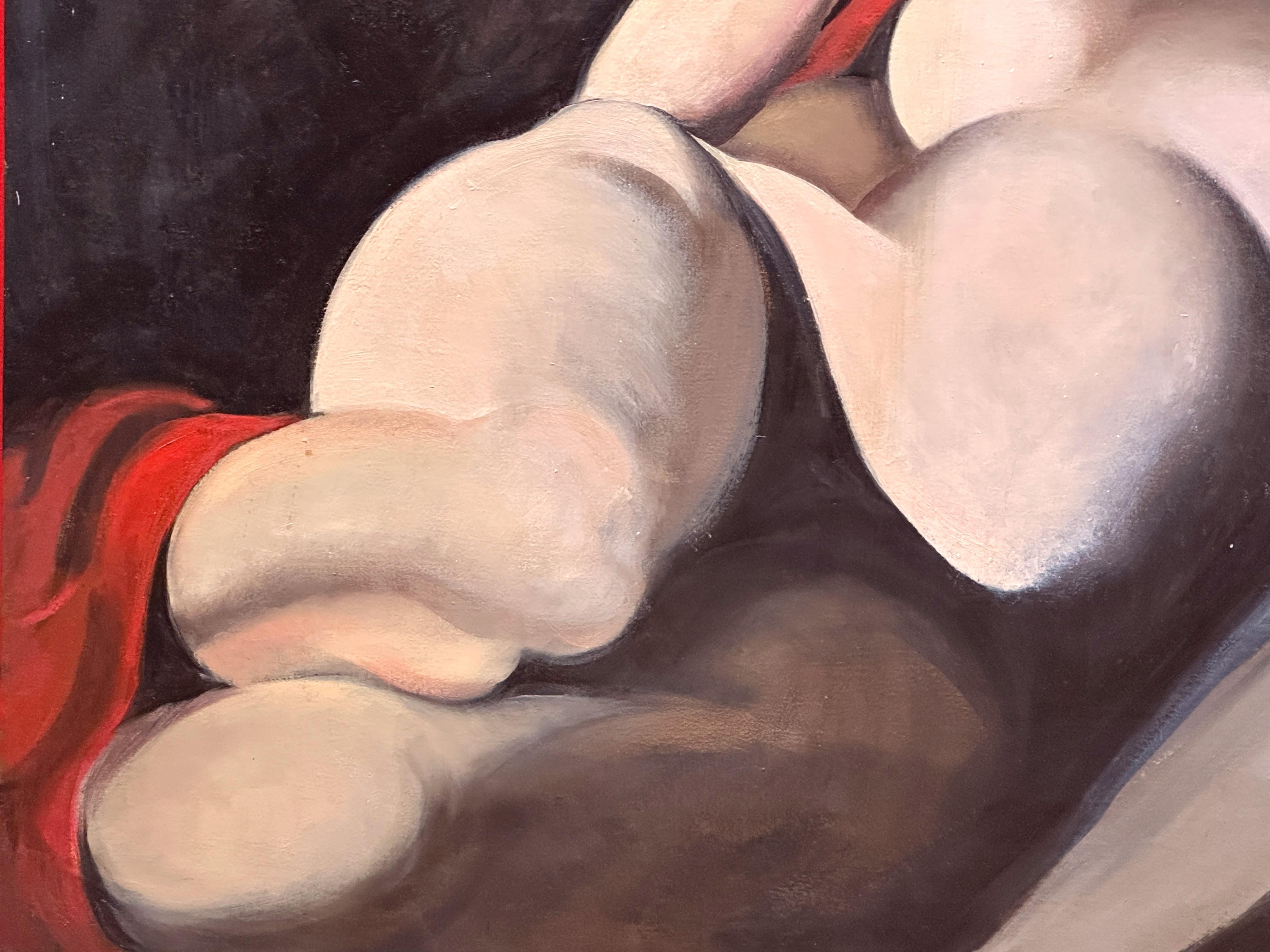 Dieses Tribut-Kunstwerk - eine beeindruckende Darstellung einer nackten, lasziven Frau vor oder nach einer intimen Umarmung - ist nicht nur eine Hommage an Tamara de Lempikas Geschick und Talent bei der Schaffung dieser Meisterwerke, sondern dient