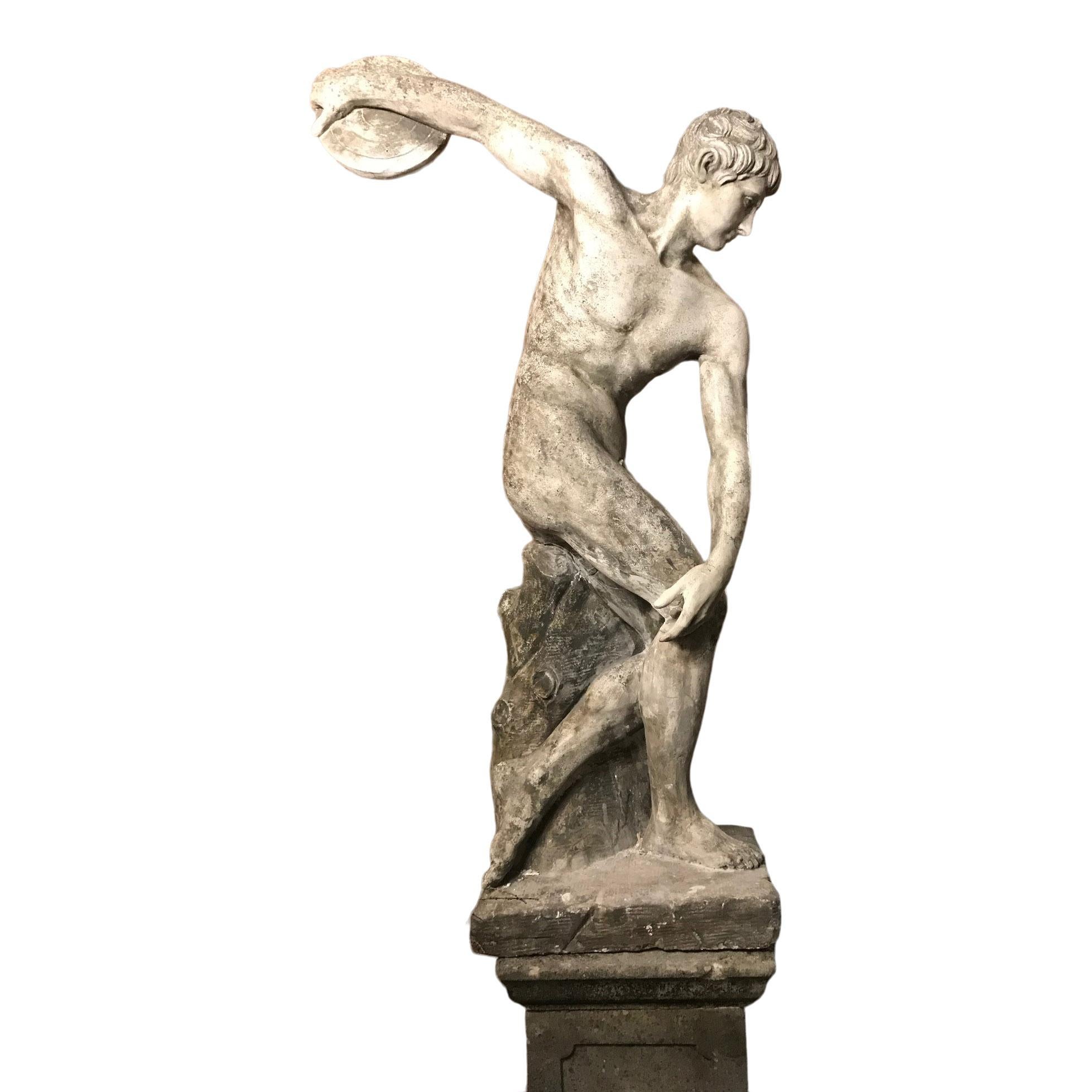 After the Antique, a large 20th C plaster figure of a discus thrower
20th century
(Pedestal not included), 100cm wide, 42cm deep, 168cm high (39in wide, 16 1/2in deep, 66in high) and the base of the figure: 54cm wide x 42cm deep



 