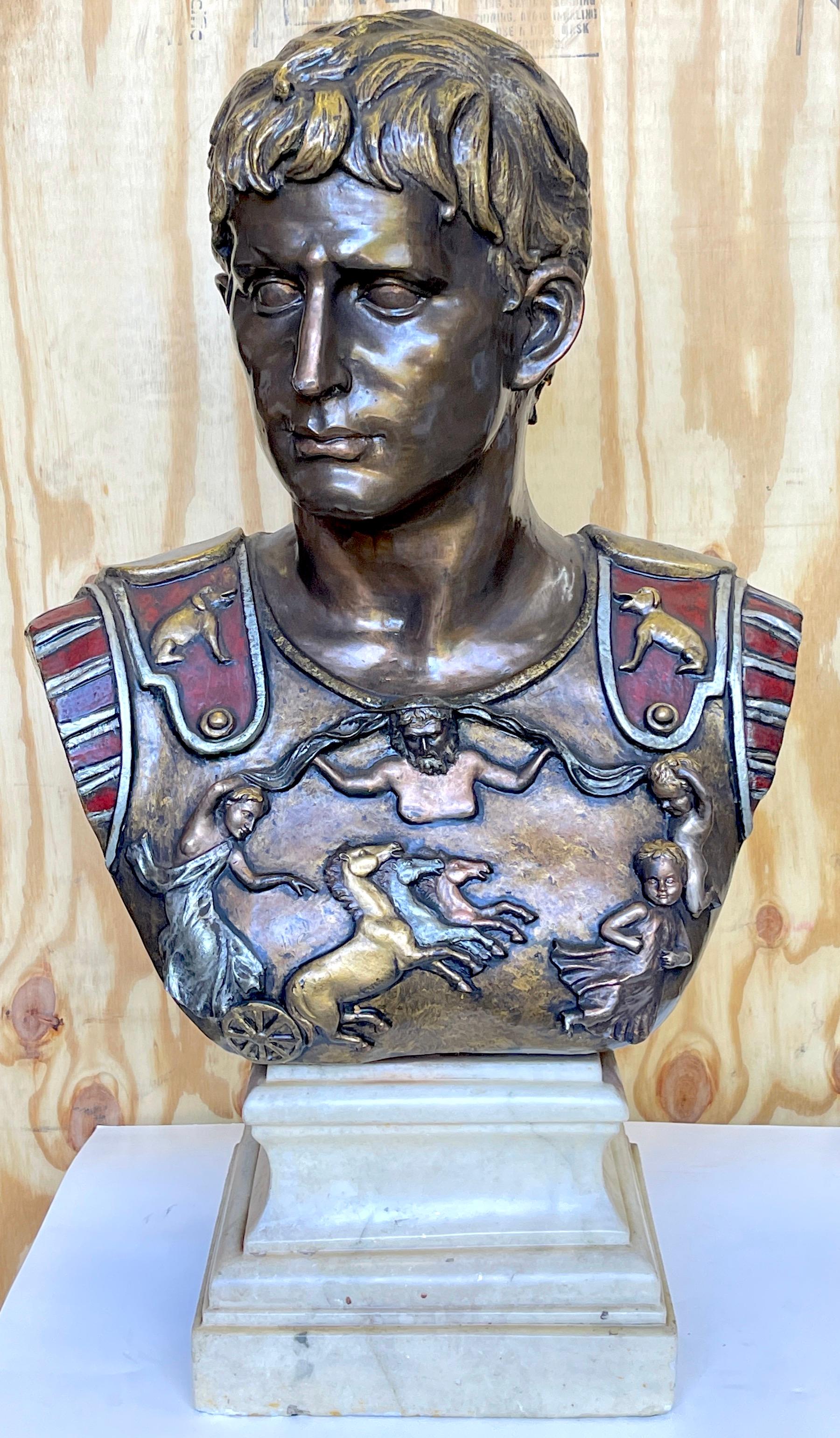 After the antique polychromed bronze bust of the Prima Porta Augustus Caesar.
Italy,mid-20th century 

A extraordinary, large scale, very heavy mid 20th century bronze example of the iconic Roman orignal full-length portrait statue of Augustus