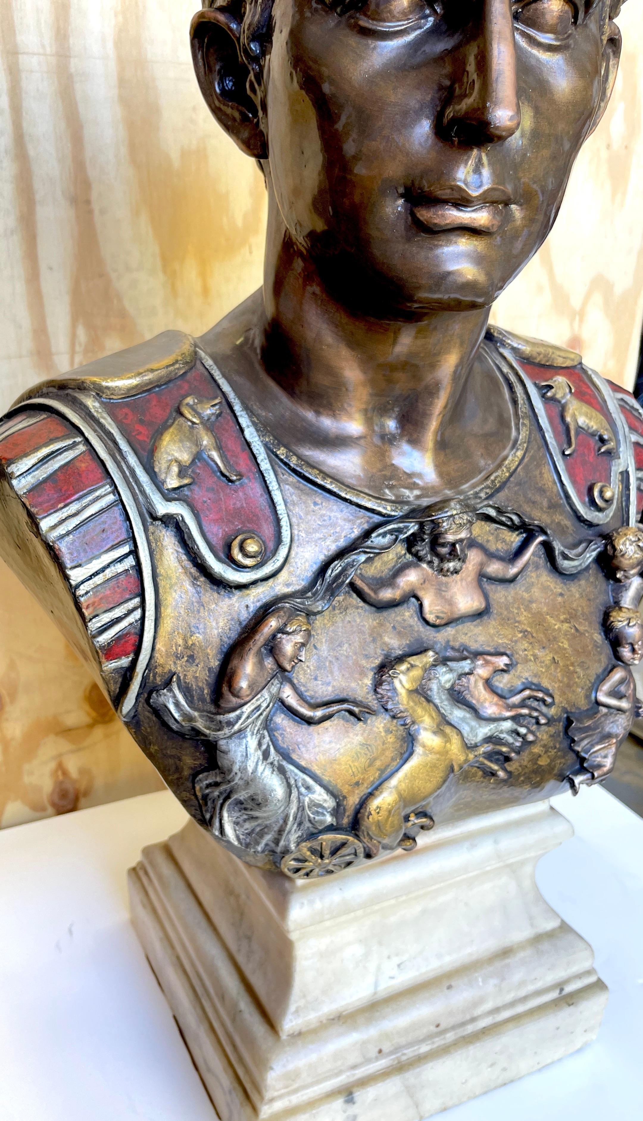 Grand Tour After the Antique Polychromed Bronze Bust of the Prima Porta Augustus Caesar For Sale