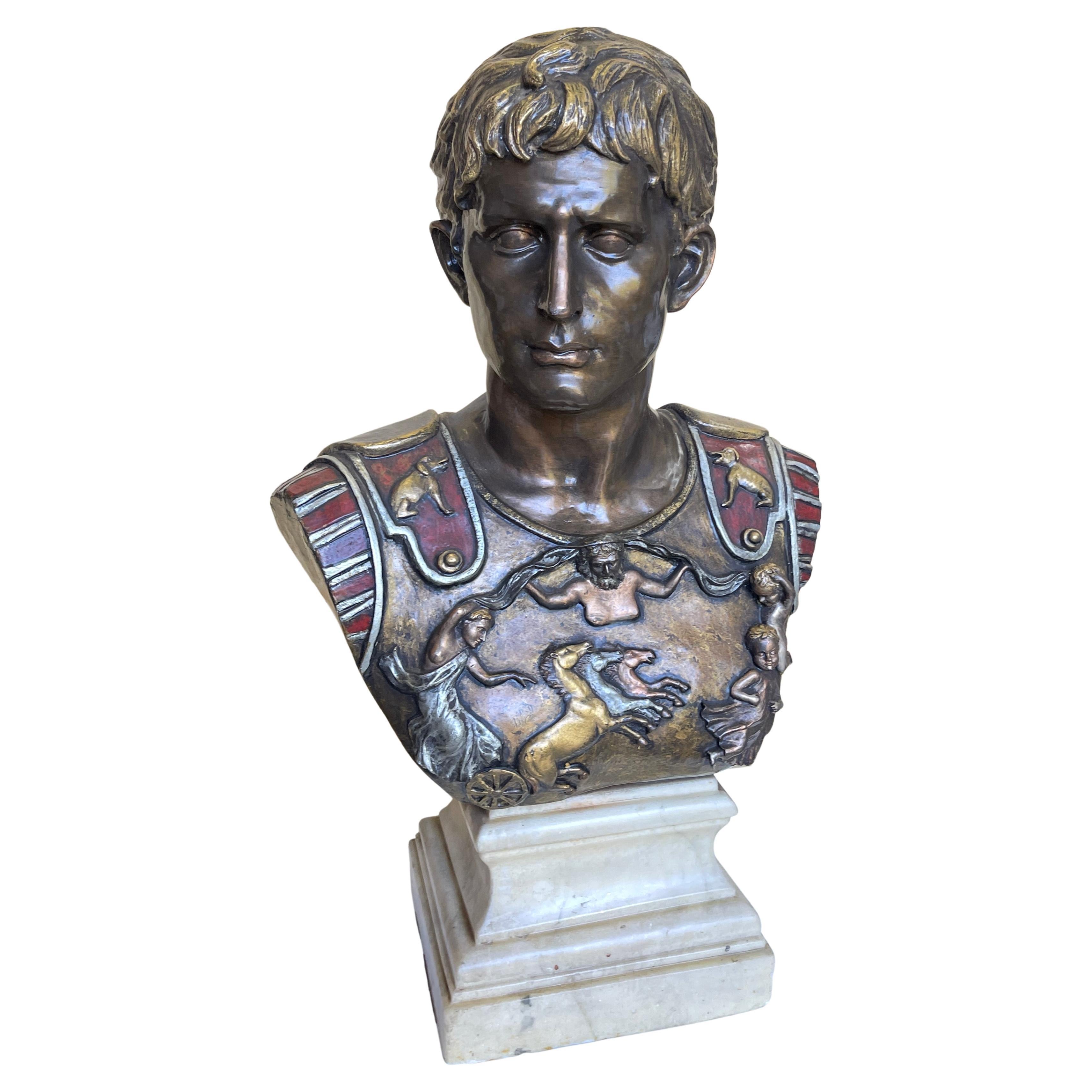 After the Antique Polychromed Bronze Bust of the Prima Porta Augustus Caesar For Sale