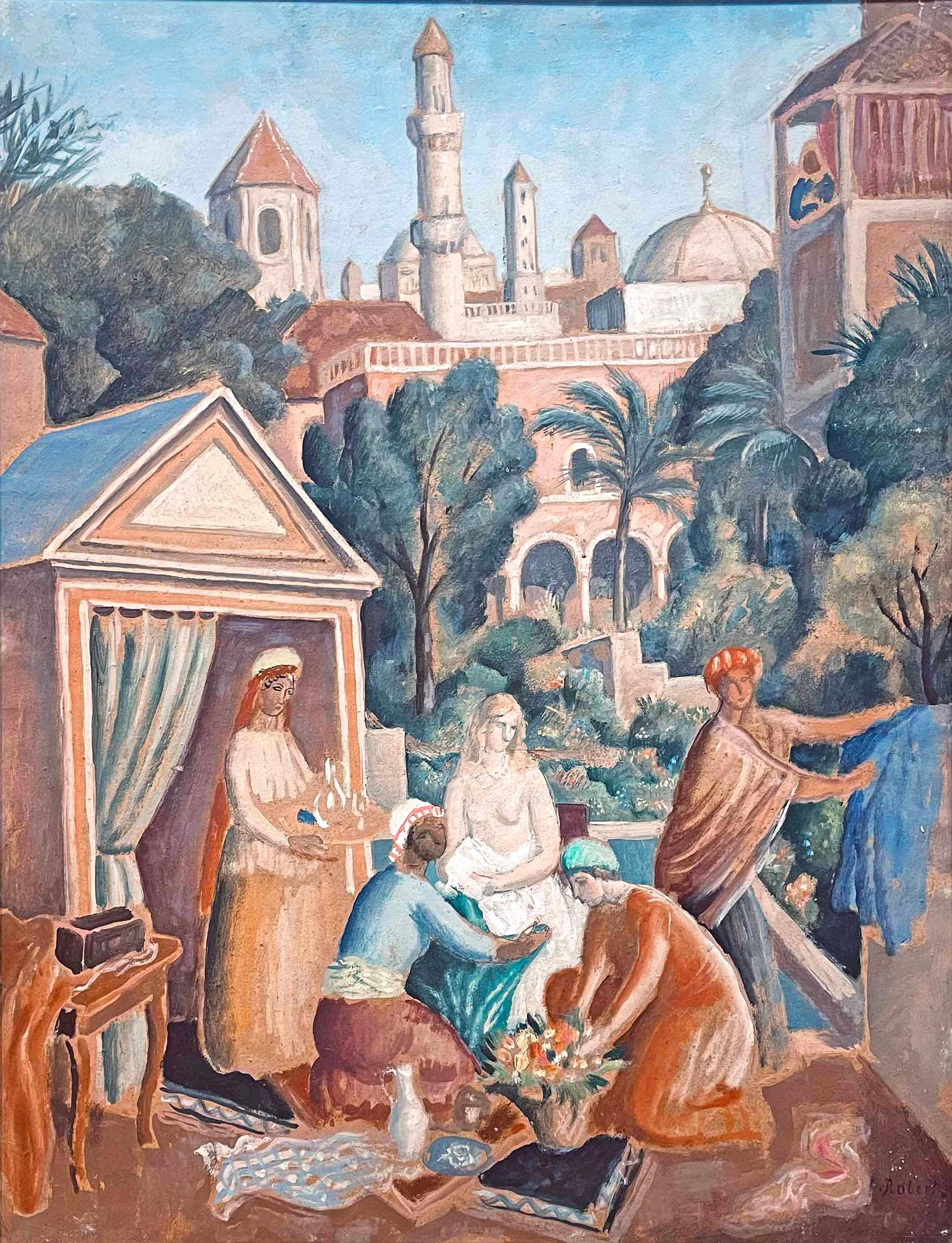 This rich tapestry of life in and around a quiet courtyard in North Africa -- with domes, towers and minarets in the distance, and a woman lingering on a balcony to one side -- was painted by Paul Théophile Robert, a Swiss artist.  The scene seems